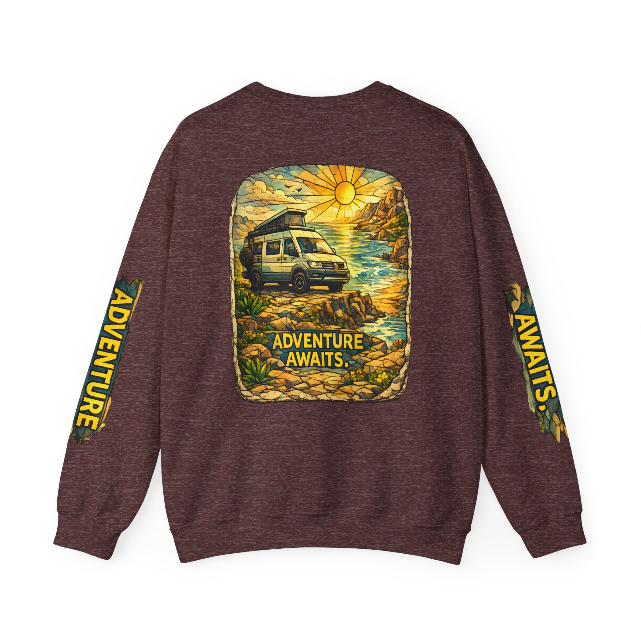 Unisex Heavy Blend™ Crewneck Sweatshirt — "Adventure Awaits" Design Cubic-Line