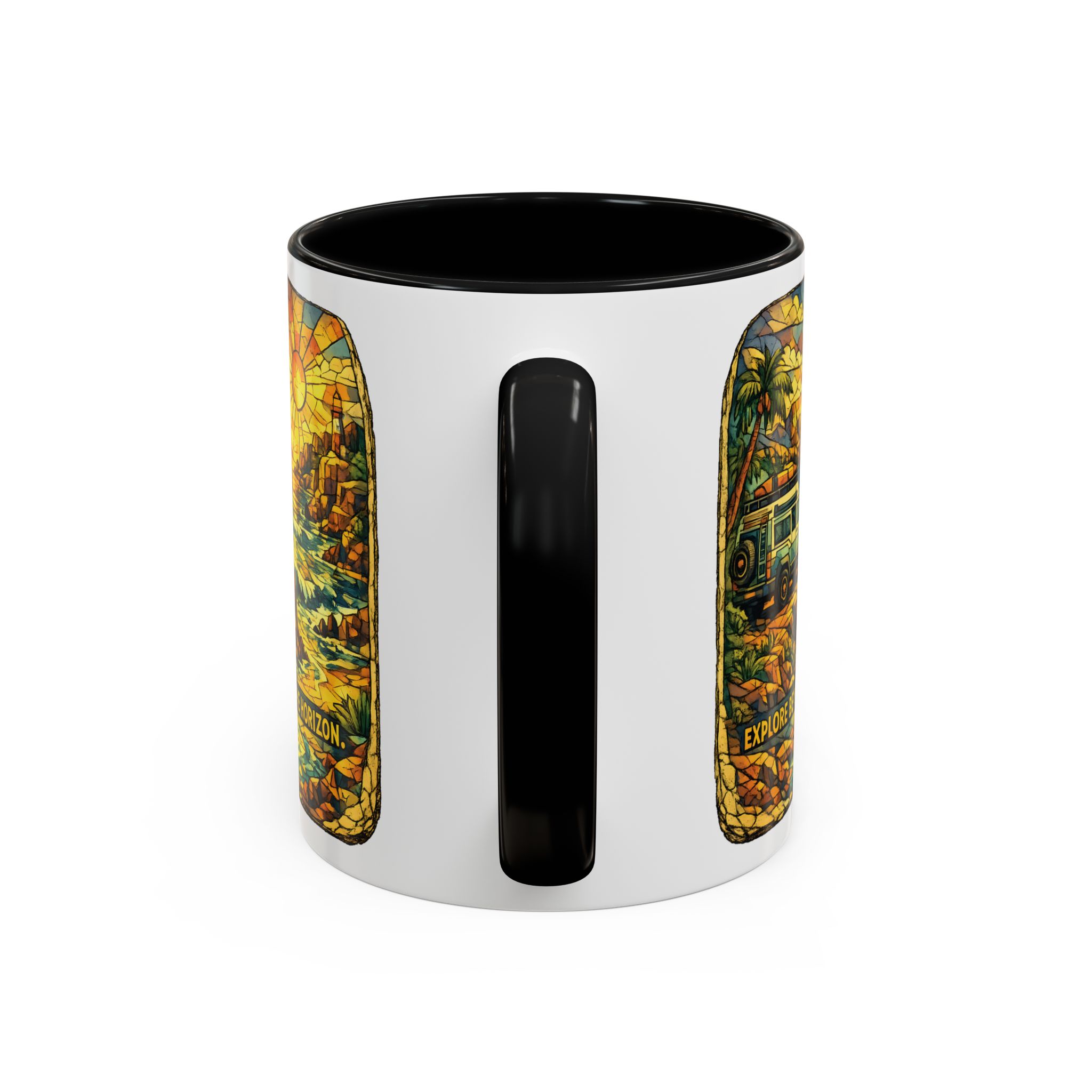 Accent Coffee Mug (11, 15oz) — "Explore Beyond The Horizon" Design Cubic-Line