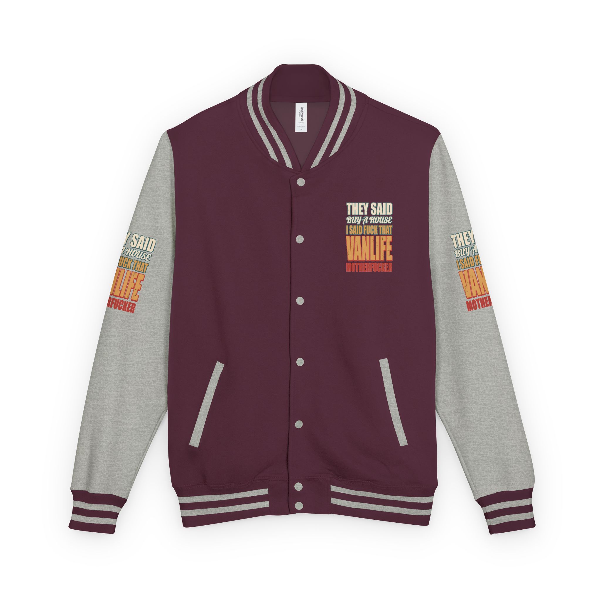 Unisex Heavyweight Letterman Jacket — "They Said Buy A House" Design F**K-Line
