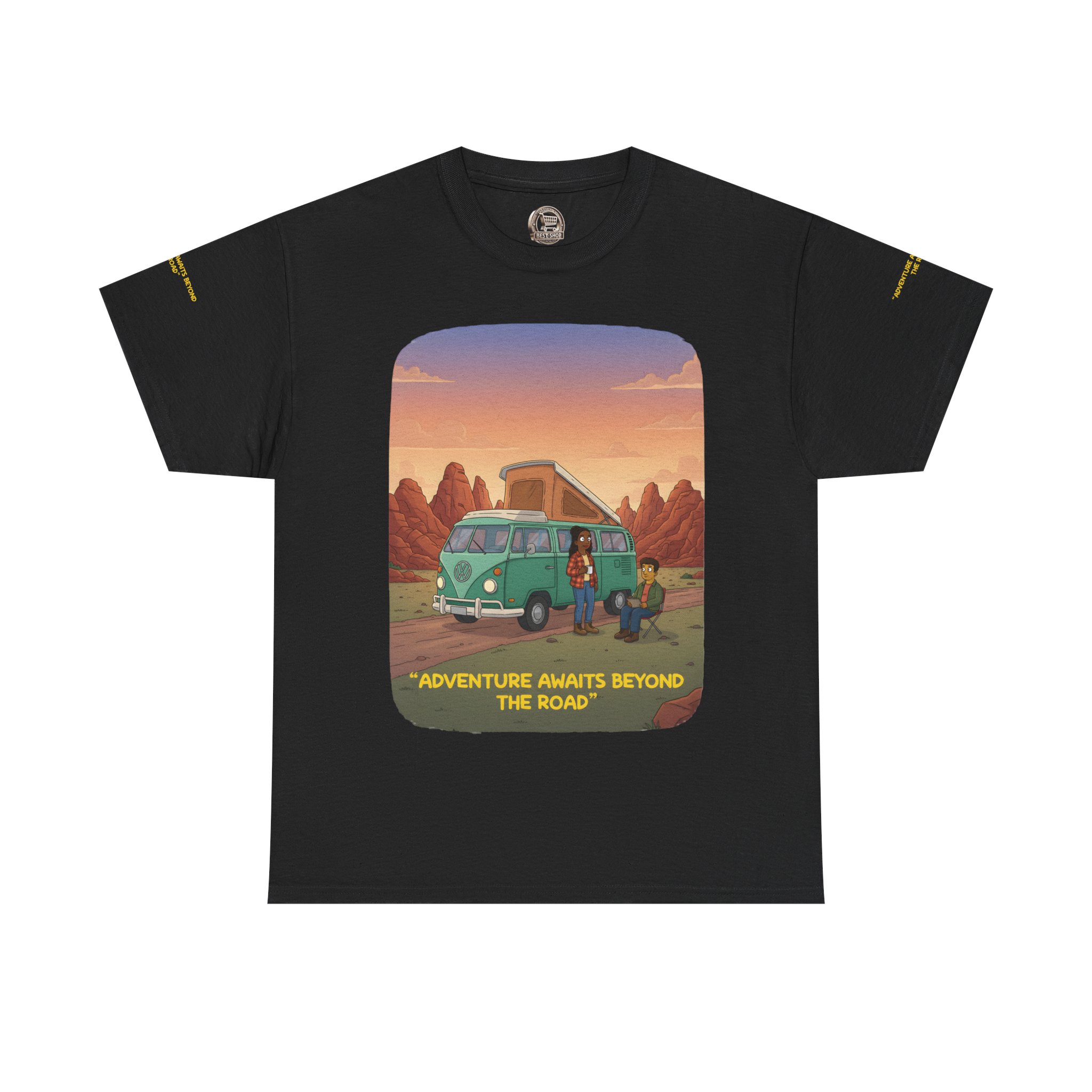 Unisex Heavy Cotton Tee — "Adventure Awaits Beyond The Road" Design Sitcom-Line