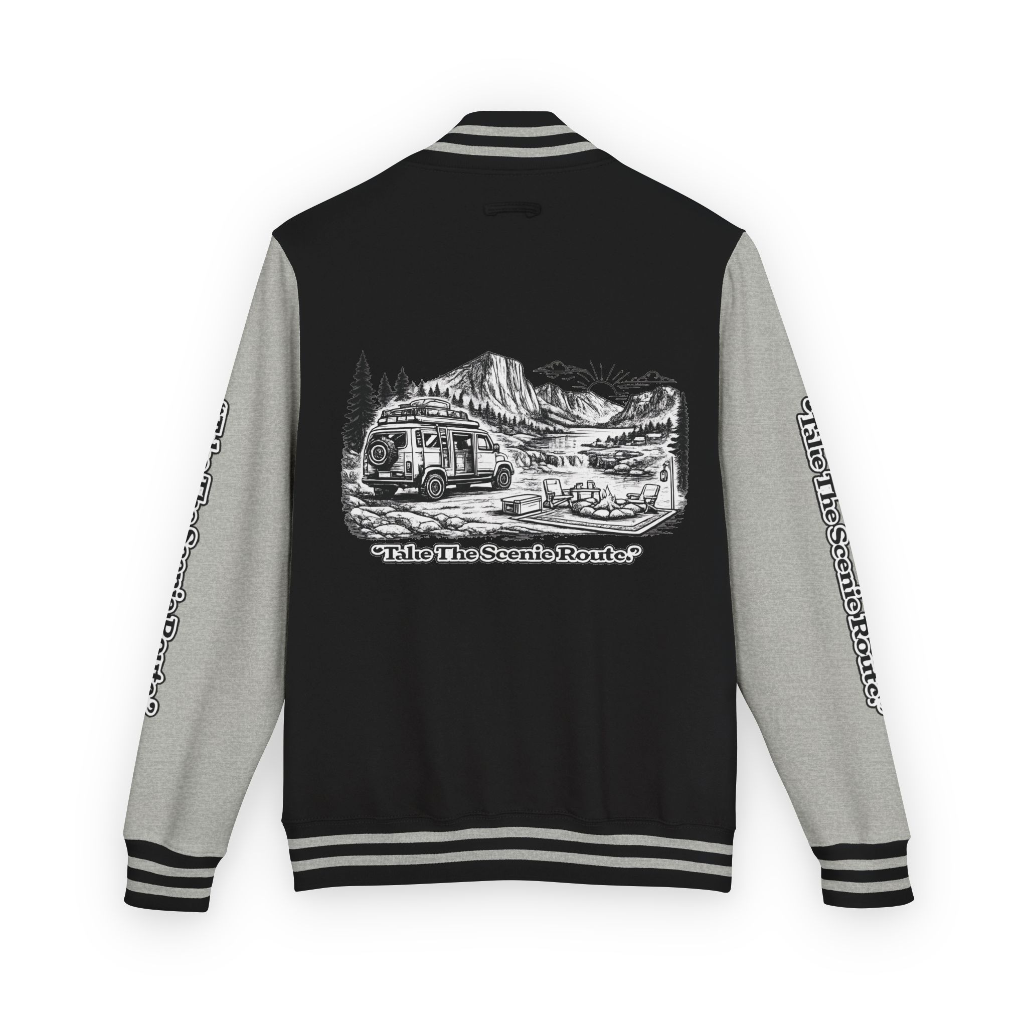 Unisex Heavyweight Letterman Jacket — "Take The Scenic Route" Travel Varsity Coat