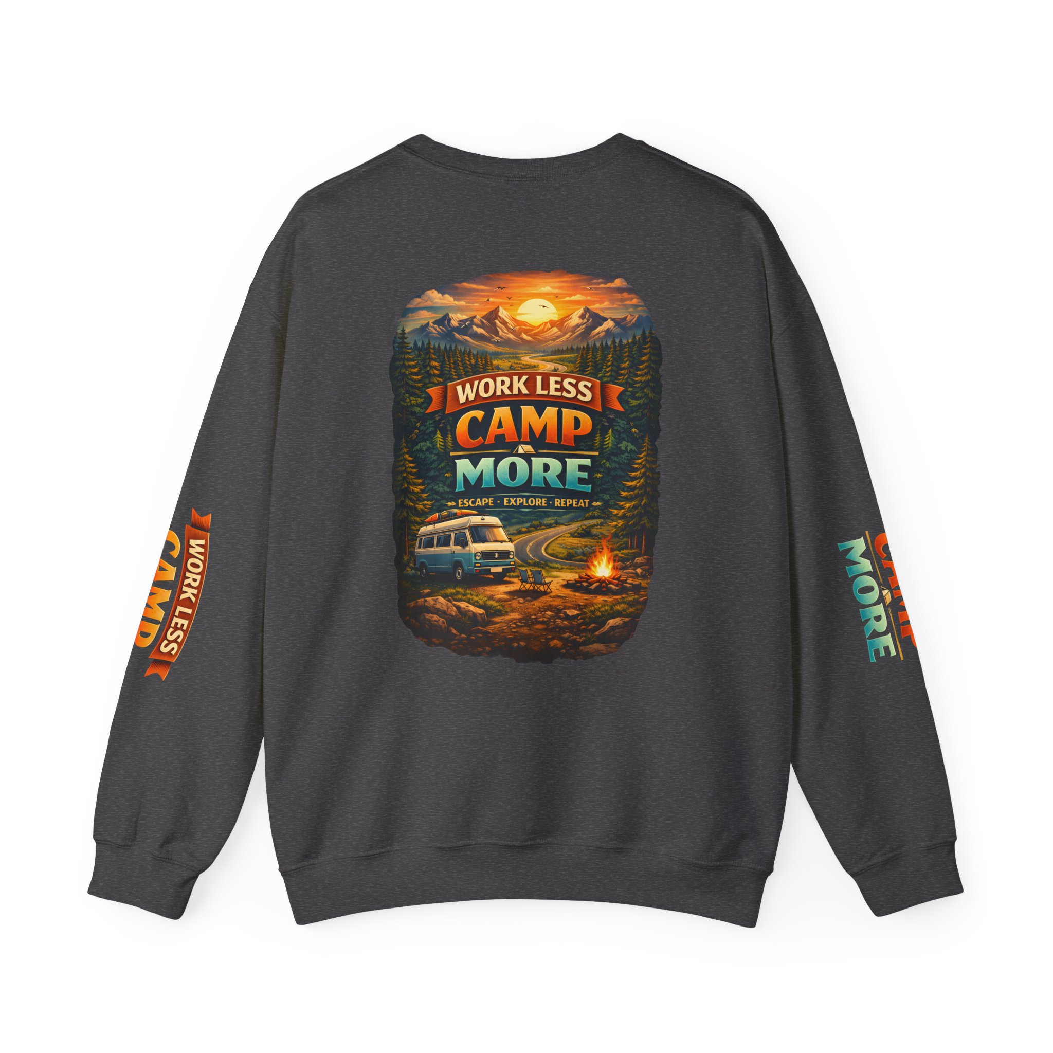 Unisex Heavy Blend™ Crewneck Sweatshirt — "Work Less-Camp More" Design Scenic-Line