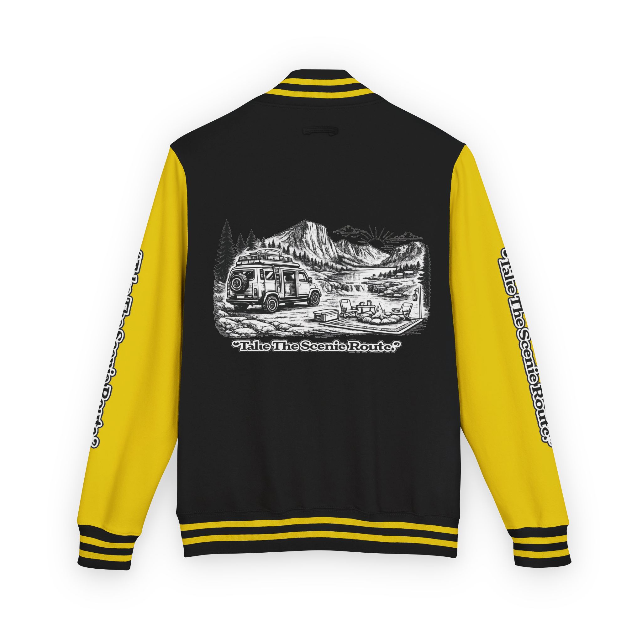 Unisex Heavyweight Letterman Jacket — "Take The Scenic Route" Travel Varsity Coat