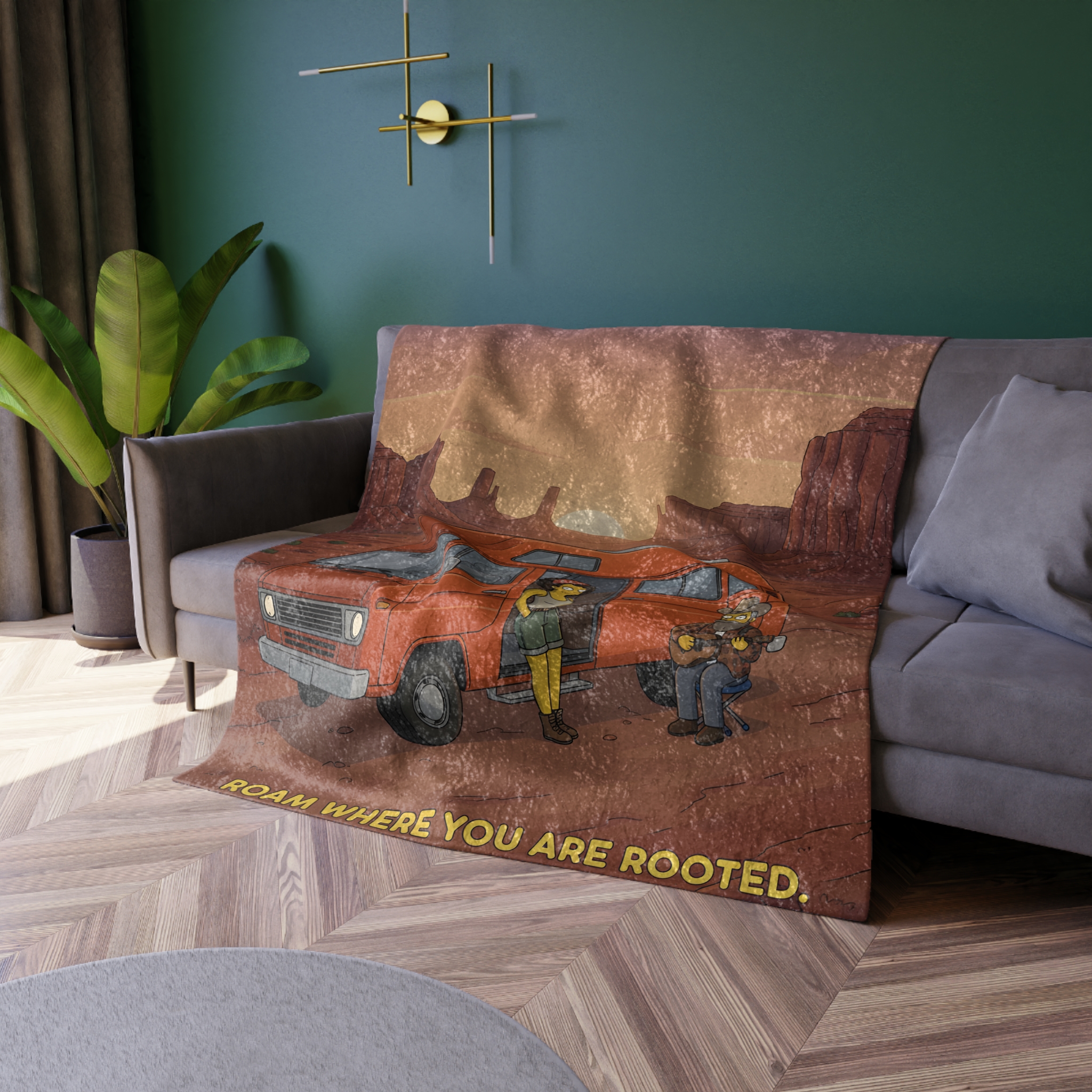 Crushed Velvet Blanket —"Roam Where You Are Rooted" Design Sitcom-Line (Campervan)