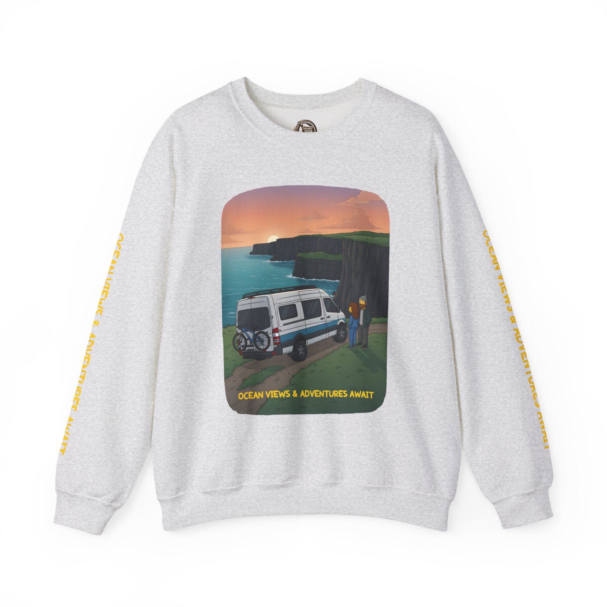 Unisex Heavy Blend™ Crewneck Sweatshirt — "Ocean Views-Adventures Awaits" Design Sitcom-Line