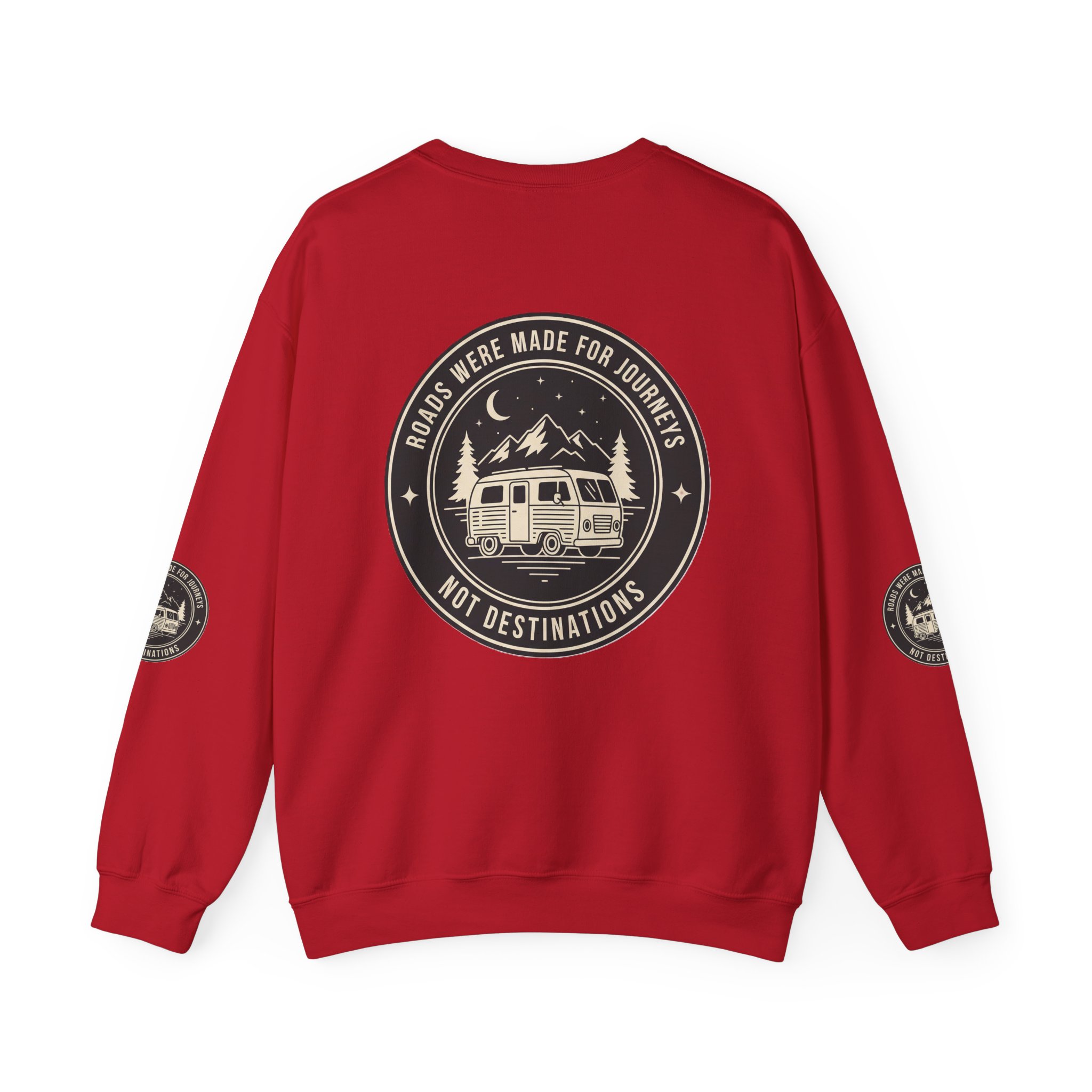 Crewneck Sweatshirt — "ROAD WHERE MADE FOR JOURNEYS-NOT DESTINATIONS" (Font + Back + Sleaves printed) Vintage Camper Van Outdoor Graphic