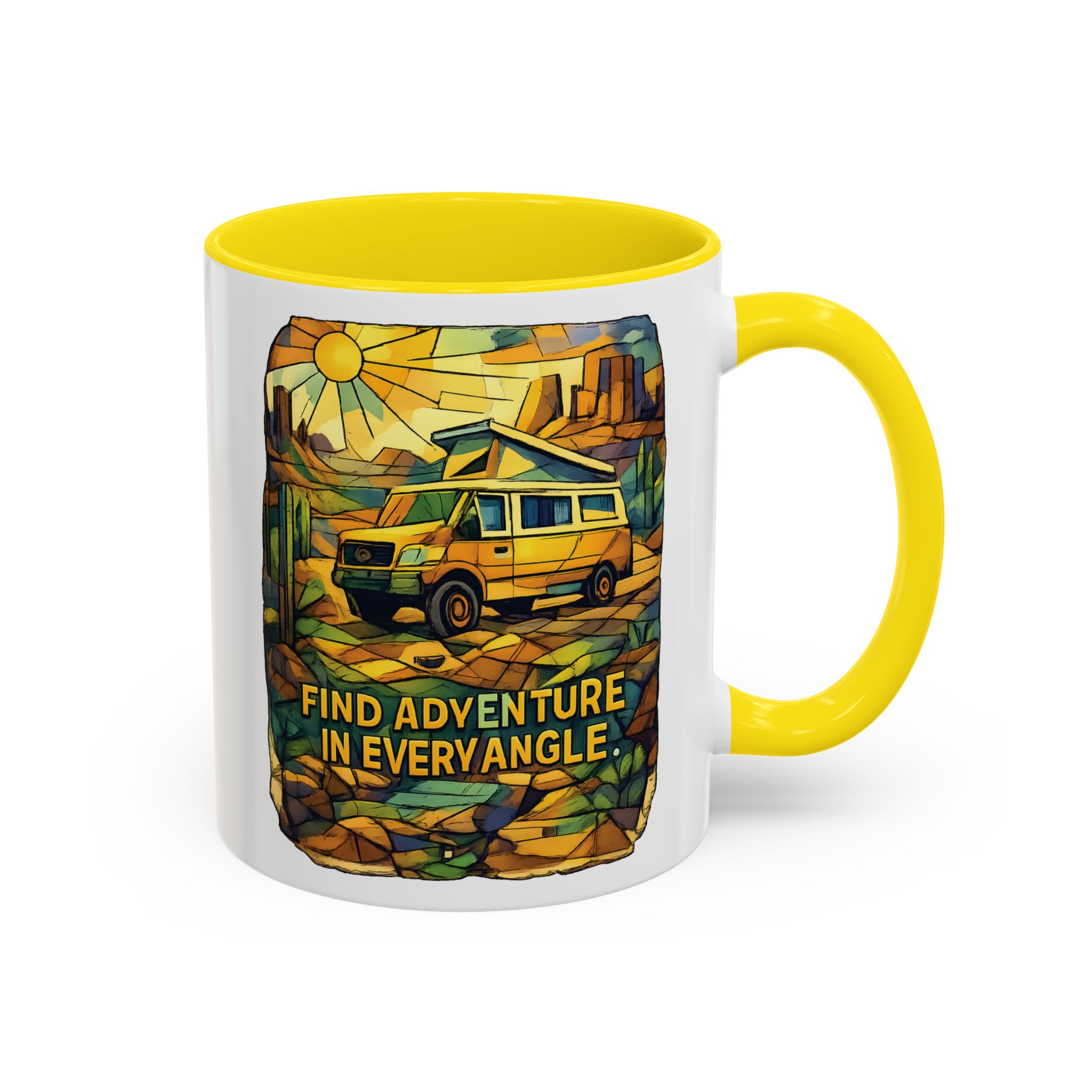Accent Coffee Mug (11, 15oz) — "Find Adventure In Every Corner" Design Cubic-Line
