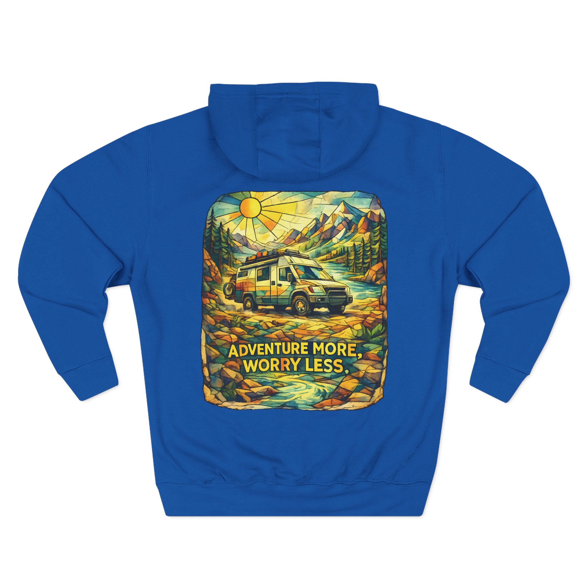 Three-Panel Fleece Hoodie - "Adventure More Worry Less" Design Cubic-Line