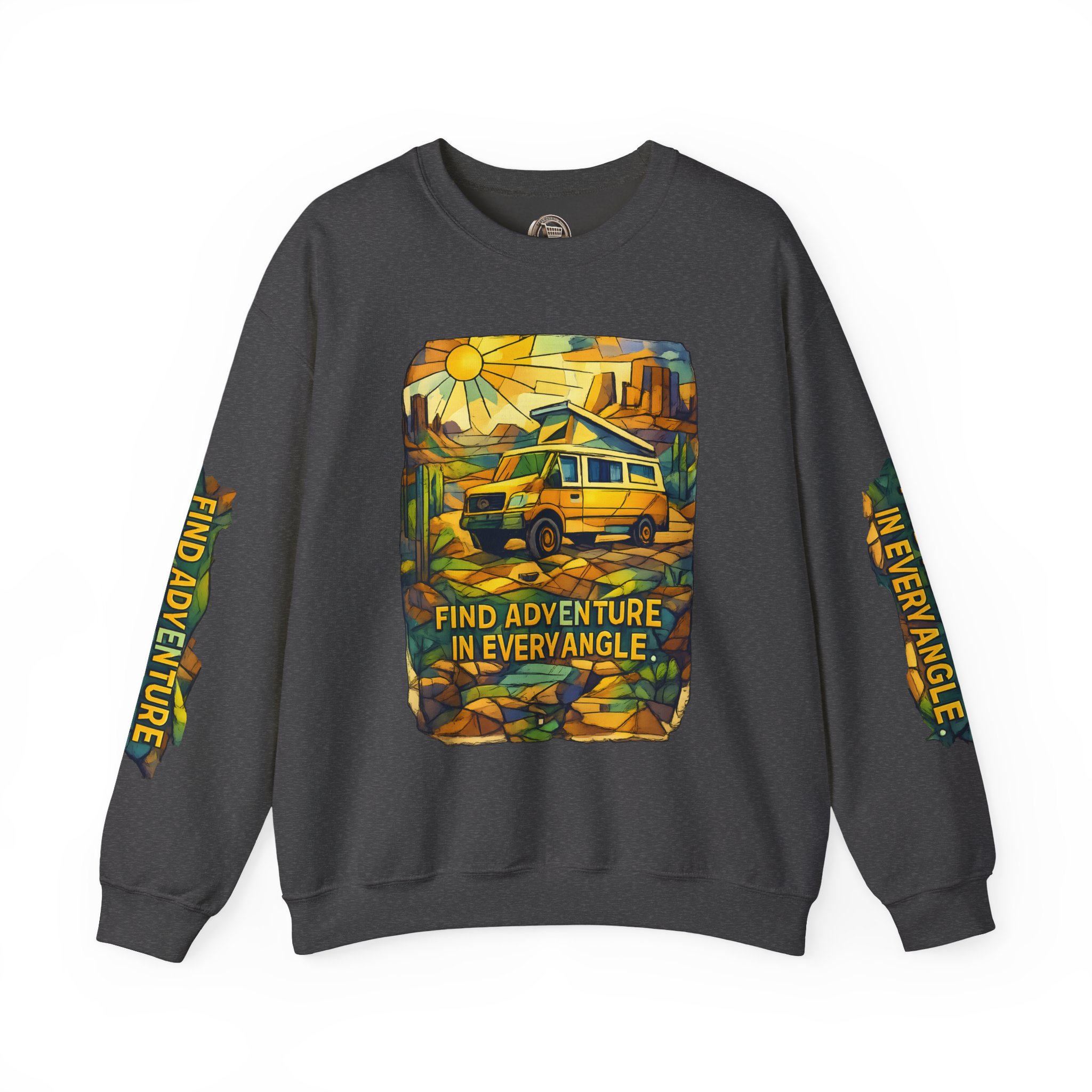 Unisex Heavy Blend™ Crewneck Sweatshirt — "Find Adventure In Every Corner" Design Cubic-Line