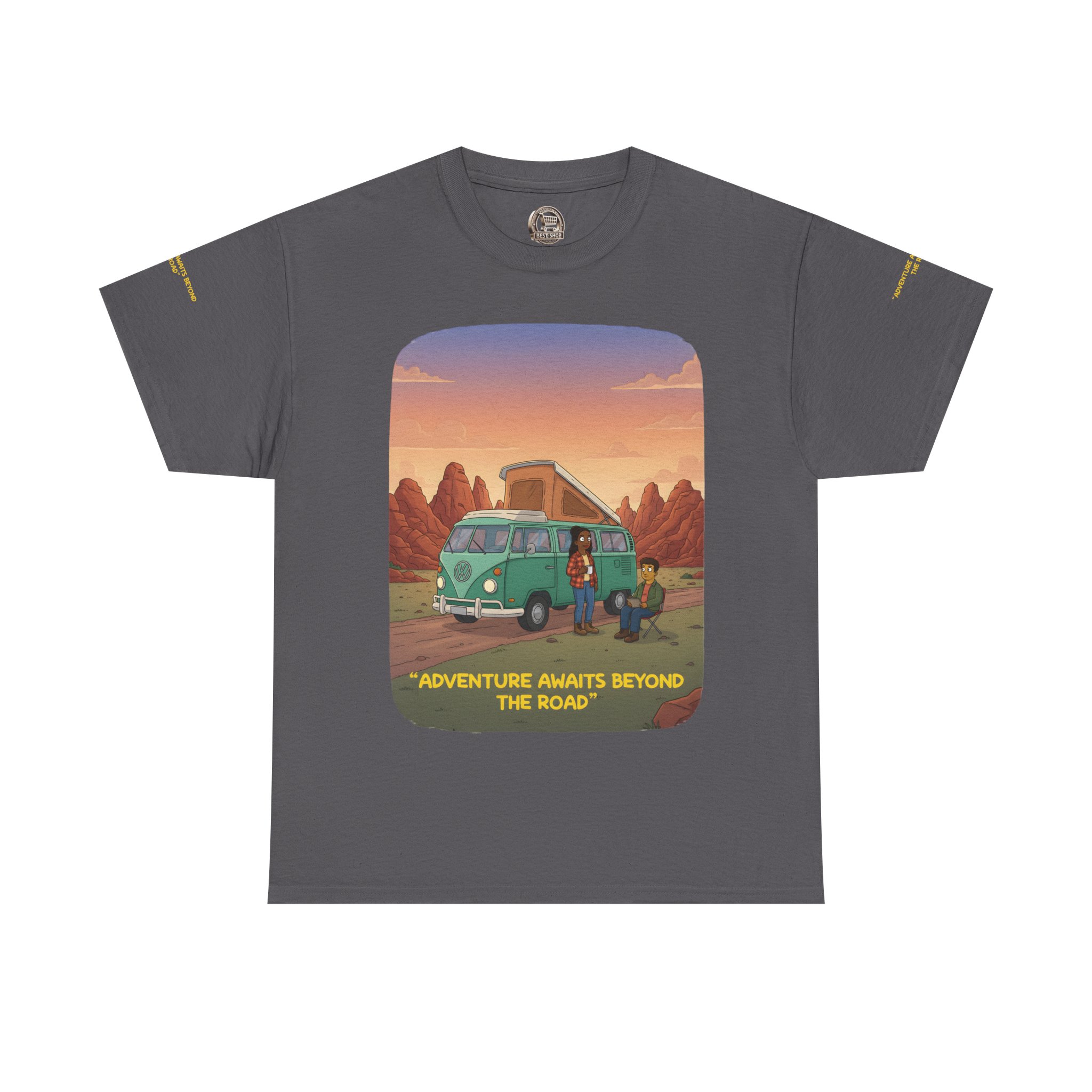 Unisex Heavy Cotton Tee — "Adventure Awaits Beyond The Road" Design Sitcom-Line