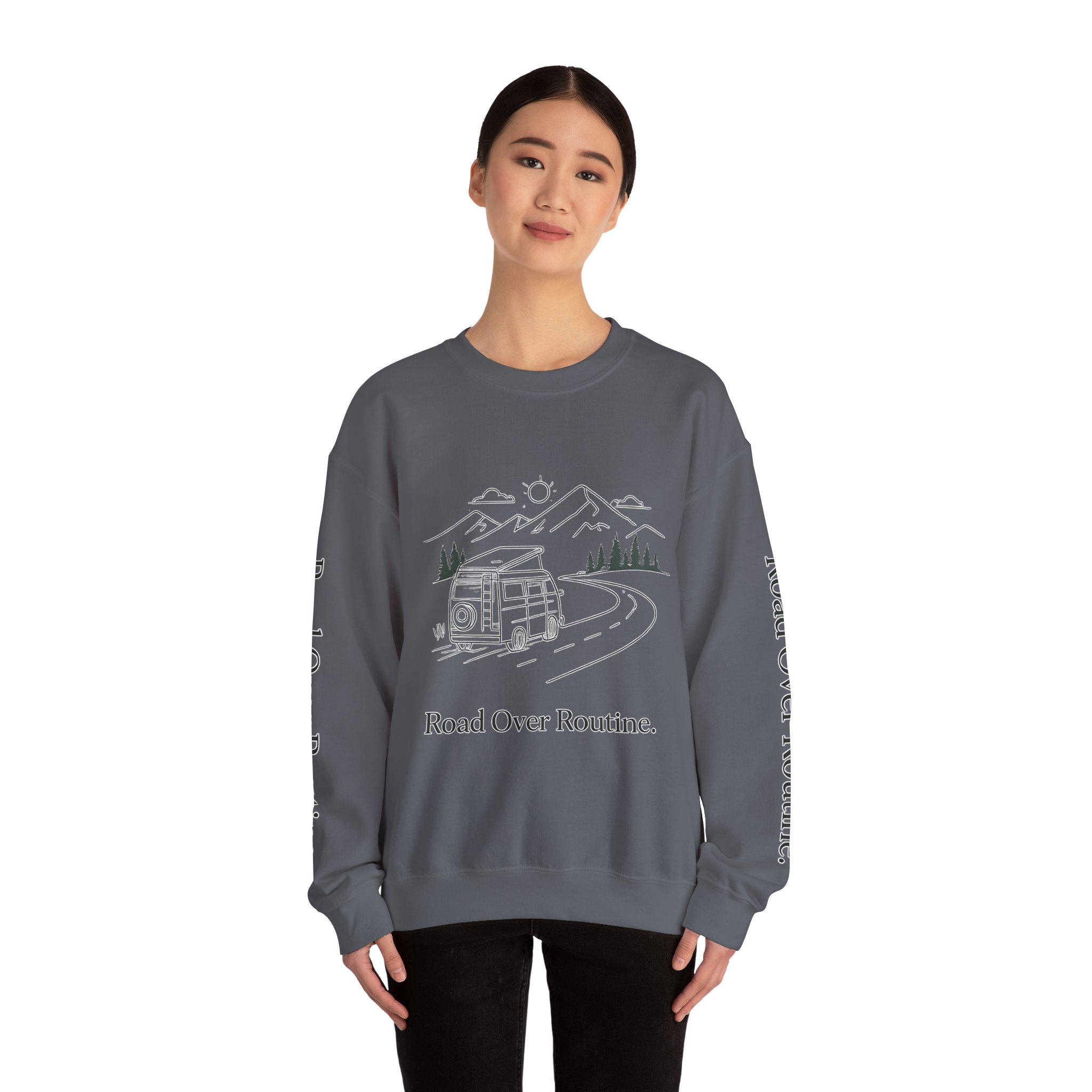 Unisex Heavy Blend™ Crewneck Sweatshirt — "Road Over Routine" Design Minimal-Line