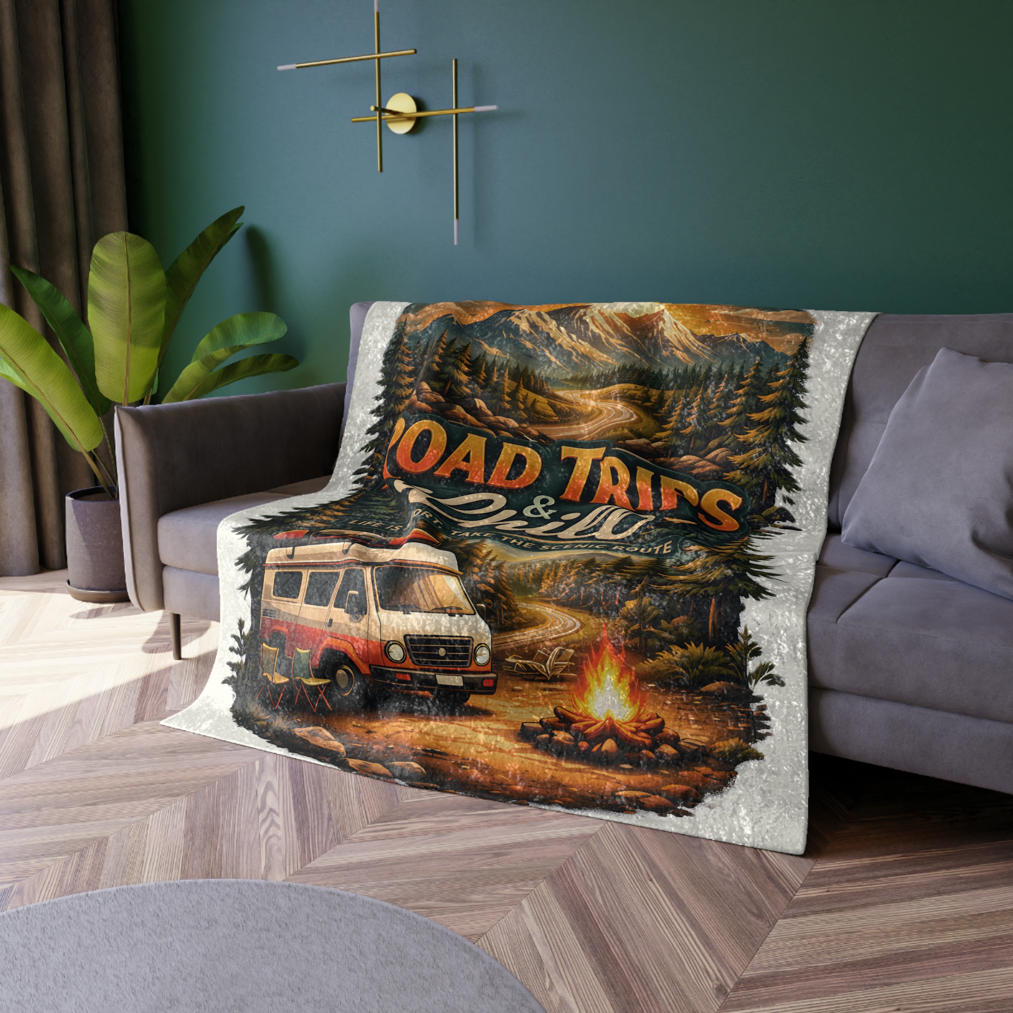 Crushed Velvet Blanket —"Road Trips & Chill" Design Scenic-Line (Campervan)