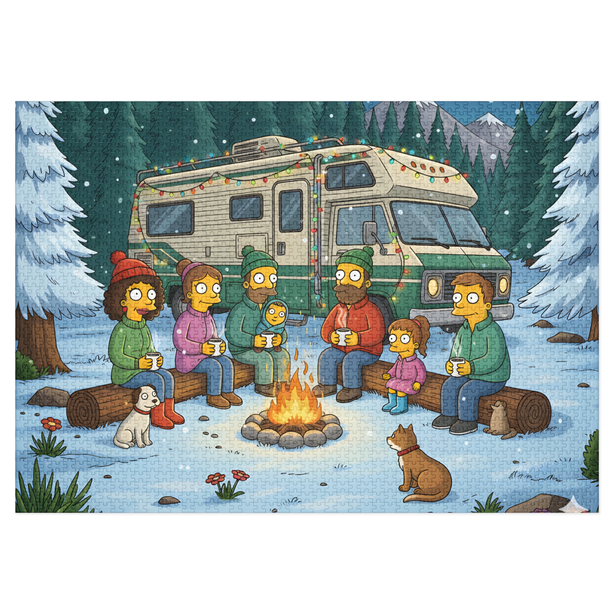 Jigsaw Puzzle with Tin — Cozy RV Winter Scene with Campfire