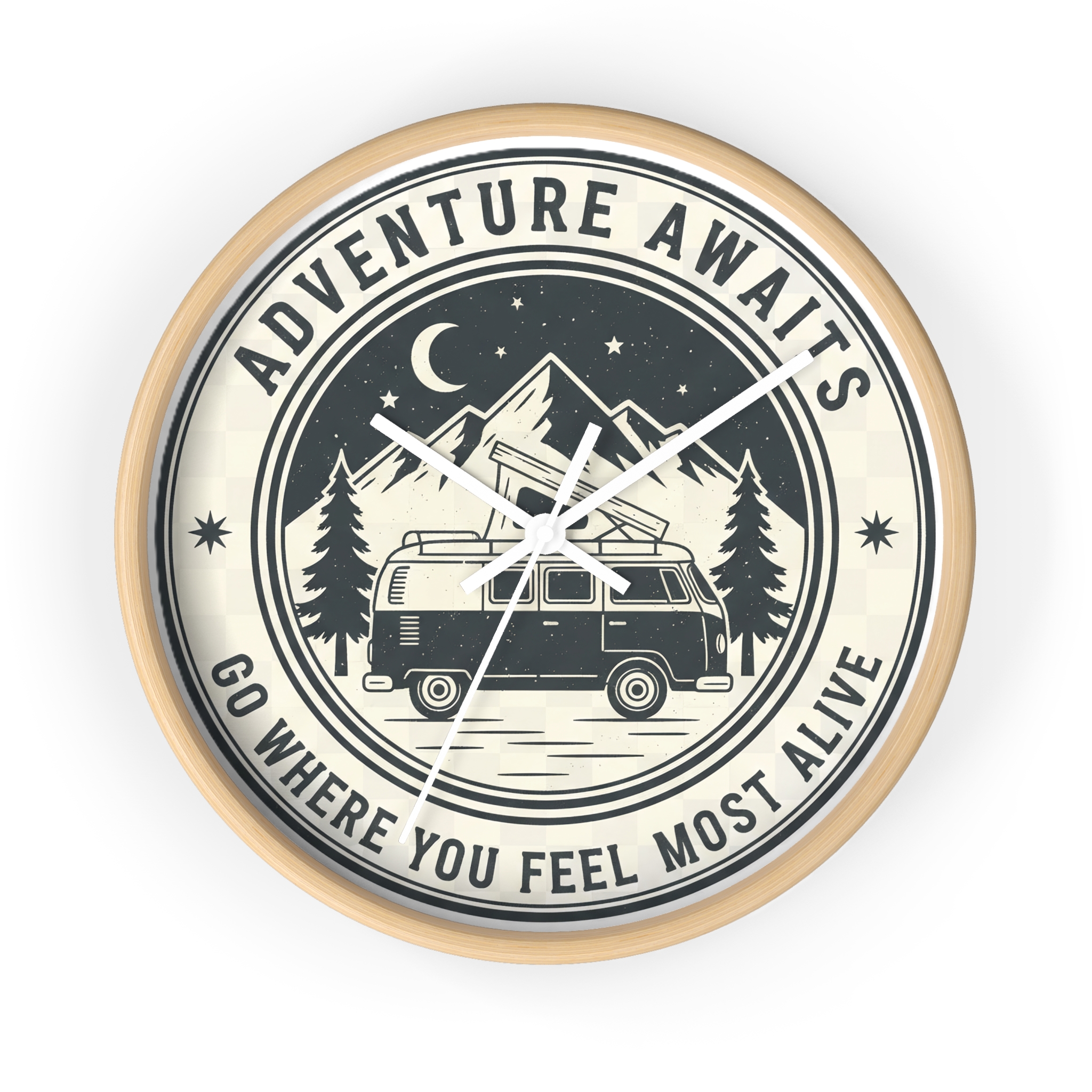 Wall Clock — "Adventure Awaits-Go Where You Feel Most Alive" Camper Van Mountain Travel Timepiece