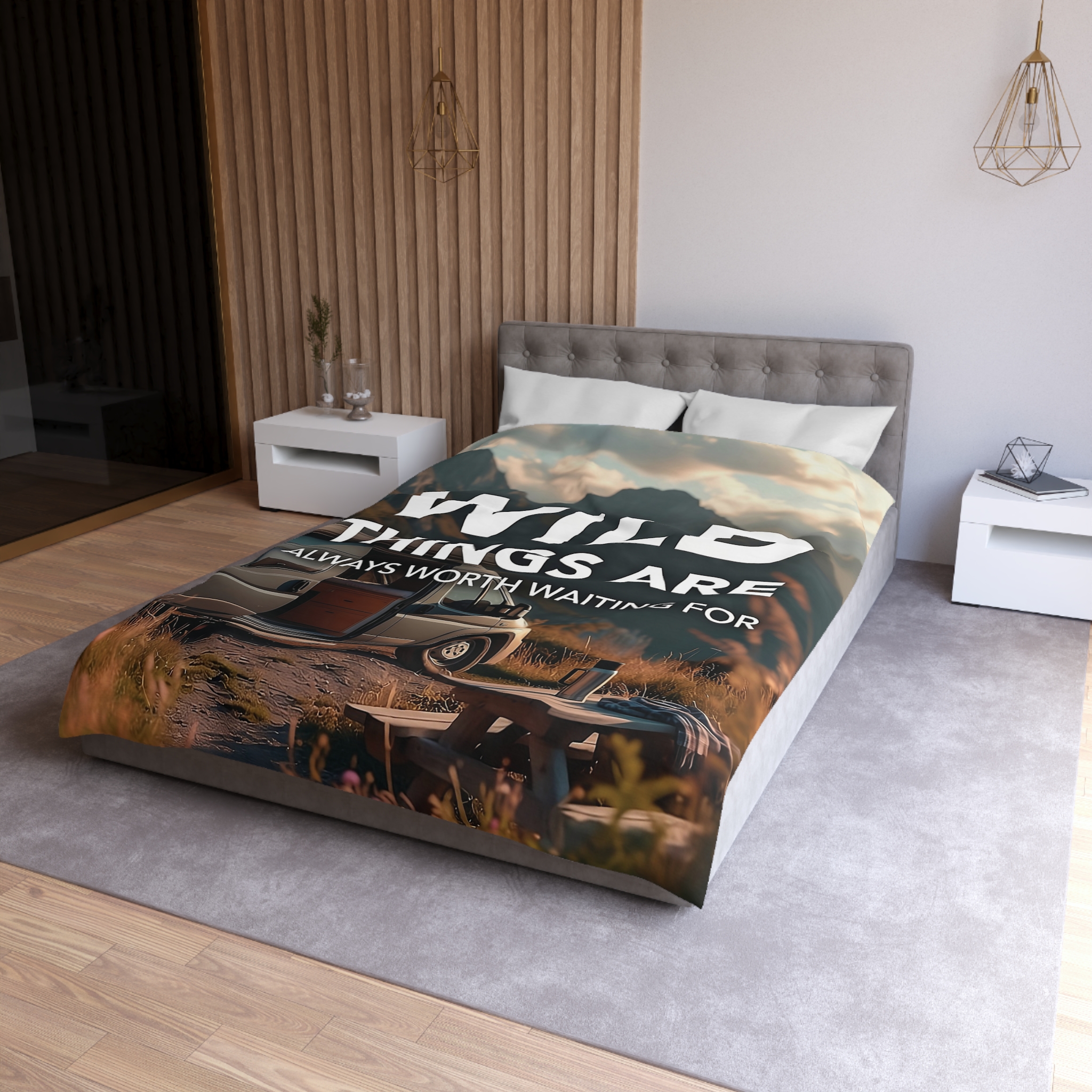 Duvet Cover — "Wild Things Are Always Worth Waiting For" Scenic Camper Bedroom Decor