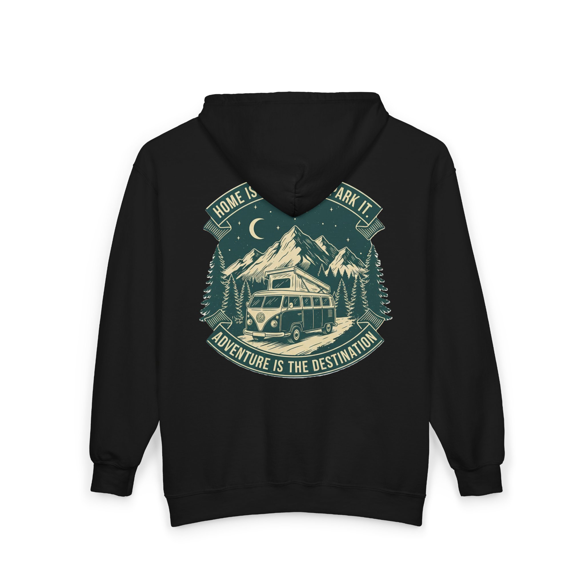 12140781356170234457_2048.jpeg Zip Hoodie — "Home Is Where You Park It-Adventure is the destination"(Front + Back Printed) Camper Van Adventure Zip-Up