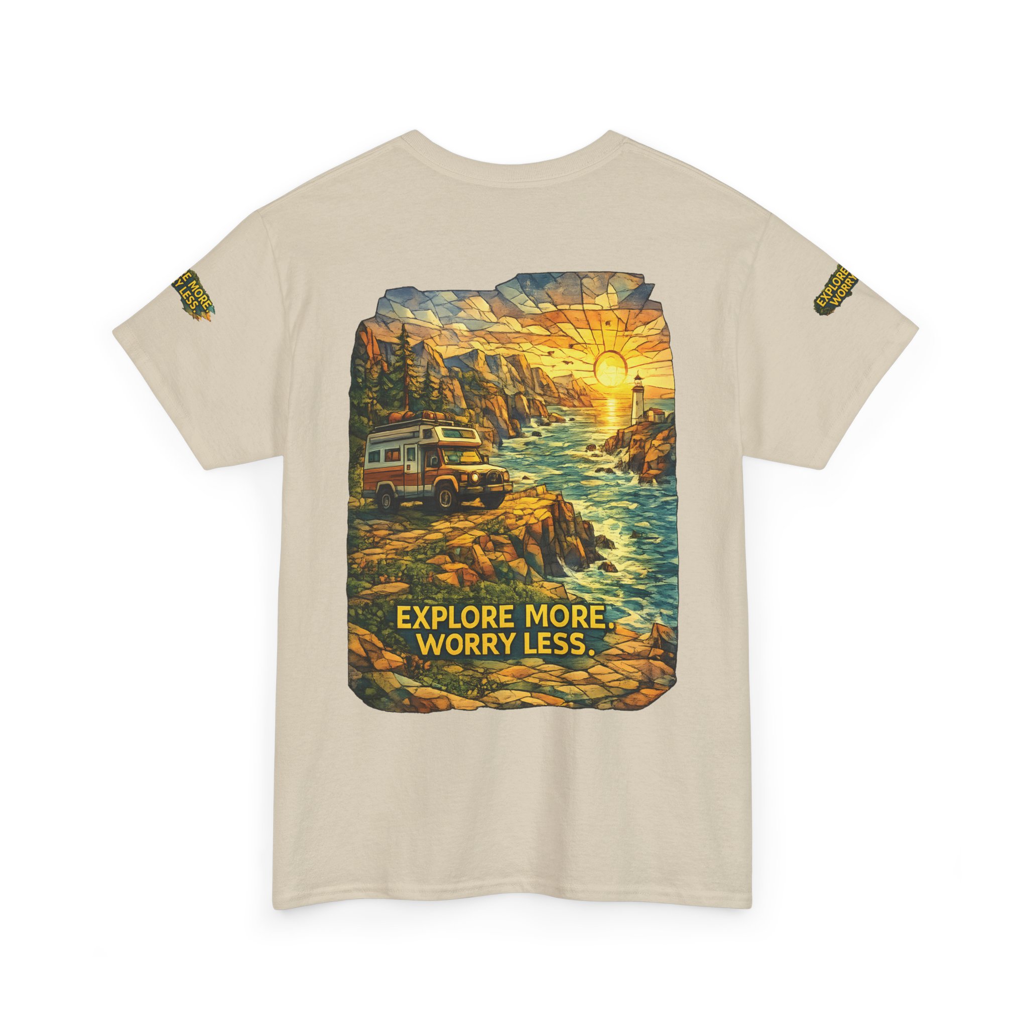Unisex Heavy Cotton Tee — "Explore More Worry Less" Design Cubic-Line
