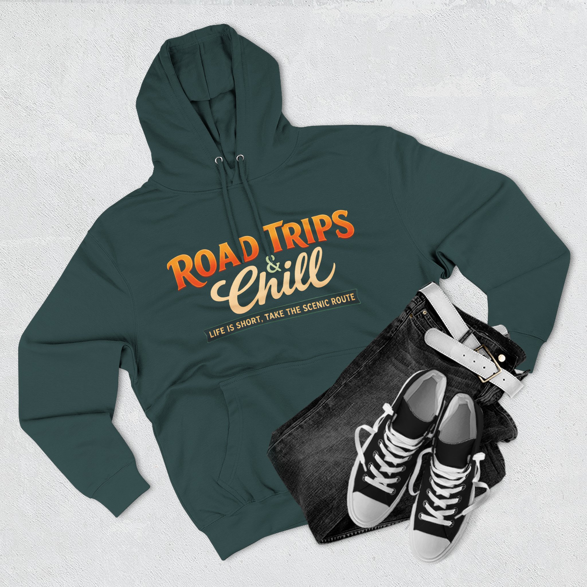 Three-Panel Fleece Hoodie - "Road Trips & Chill" Design Scenic-Line