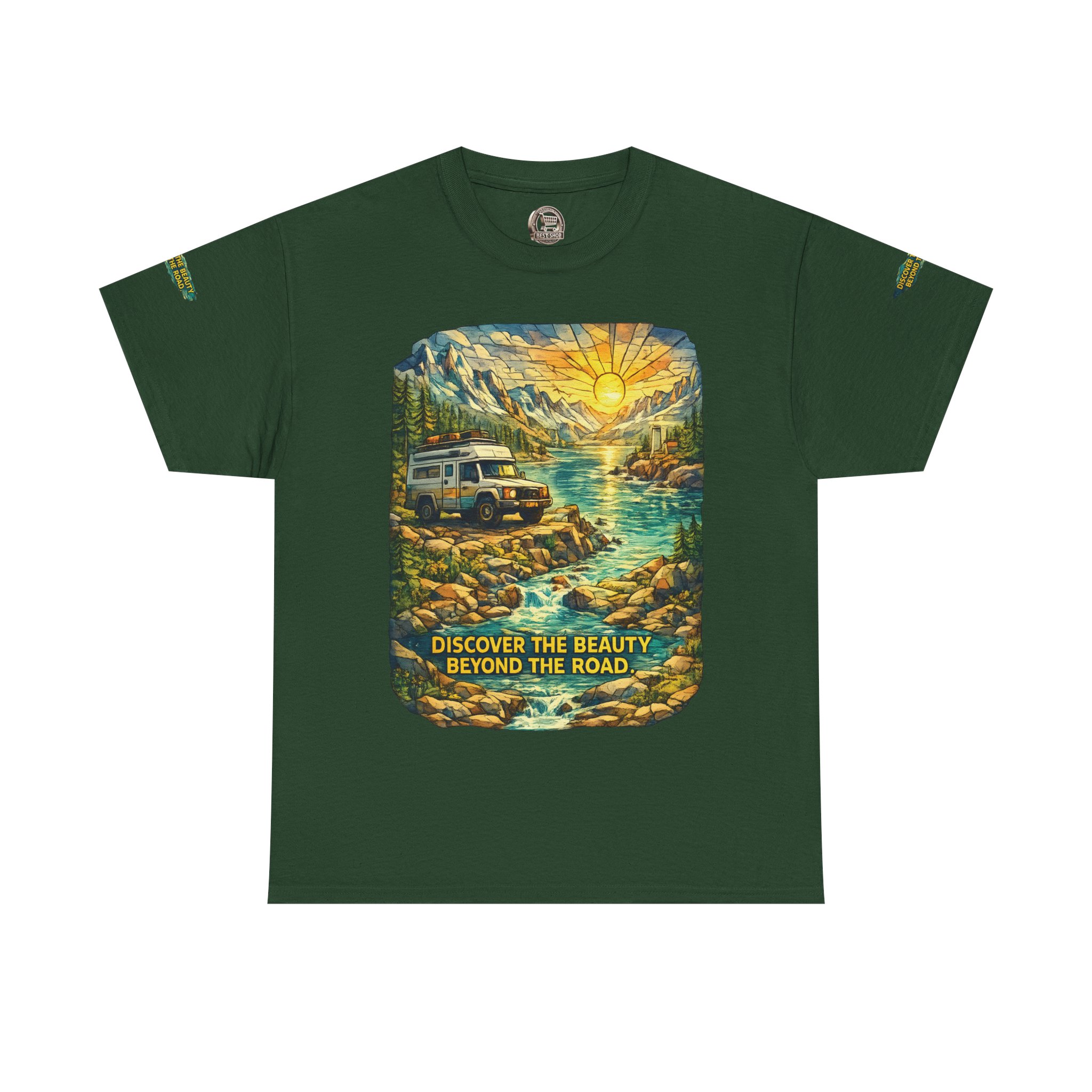 Unisex Heavy Cotton Tee — "Discover The Bieuty Beyond The Road" Design Cubic-Line