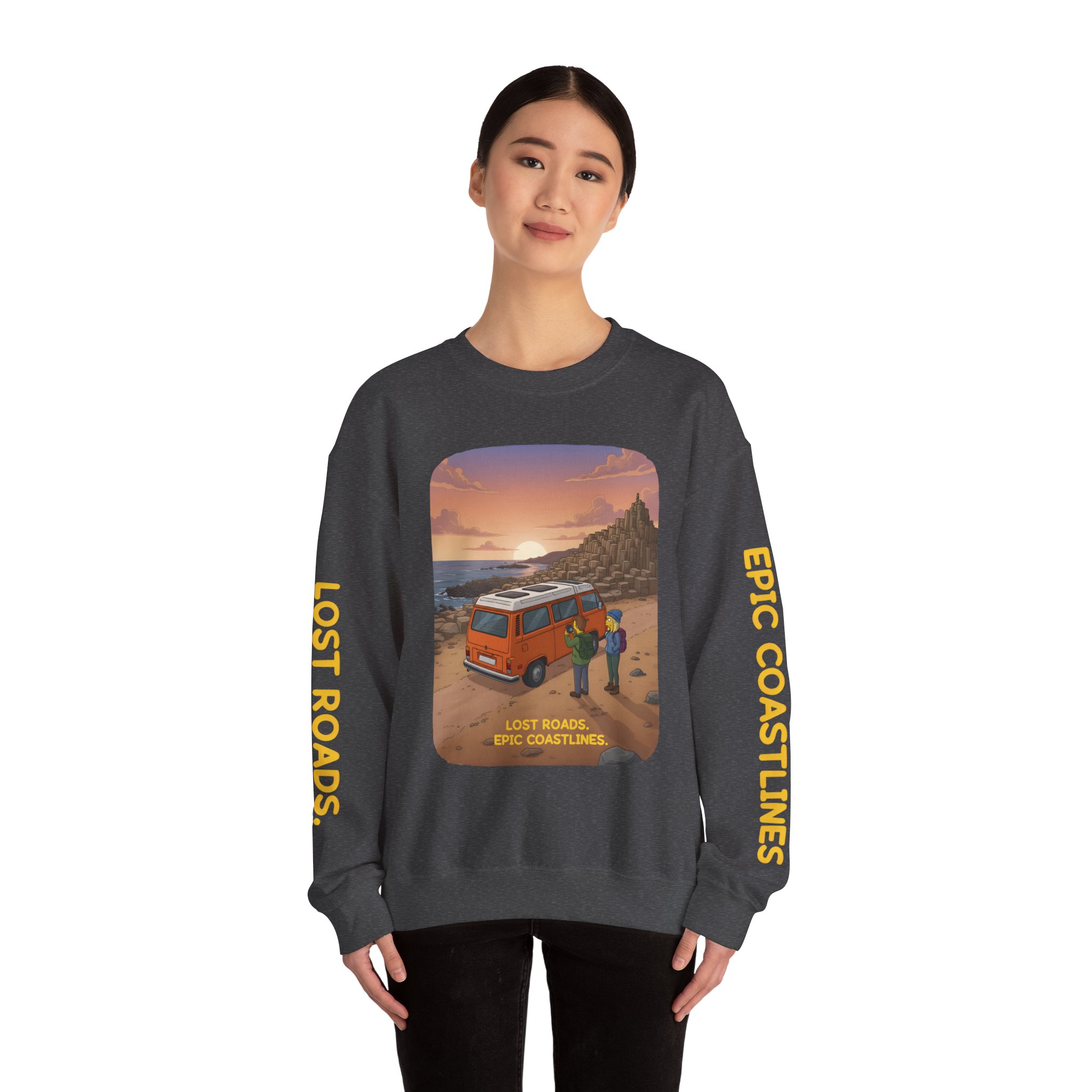 Unisex Heavy Blend™ Crewneck Sweatshirt — "Lost Roads Epic Coastlines" Design Sitcom-Line