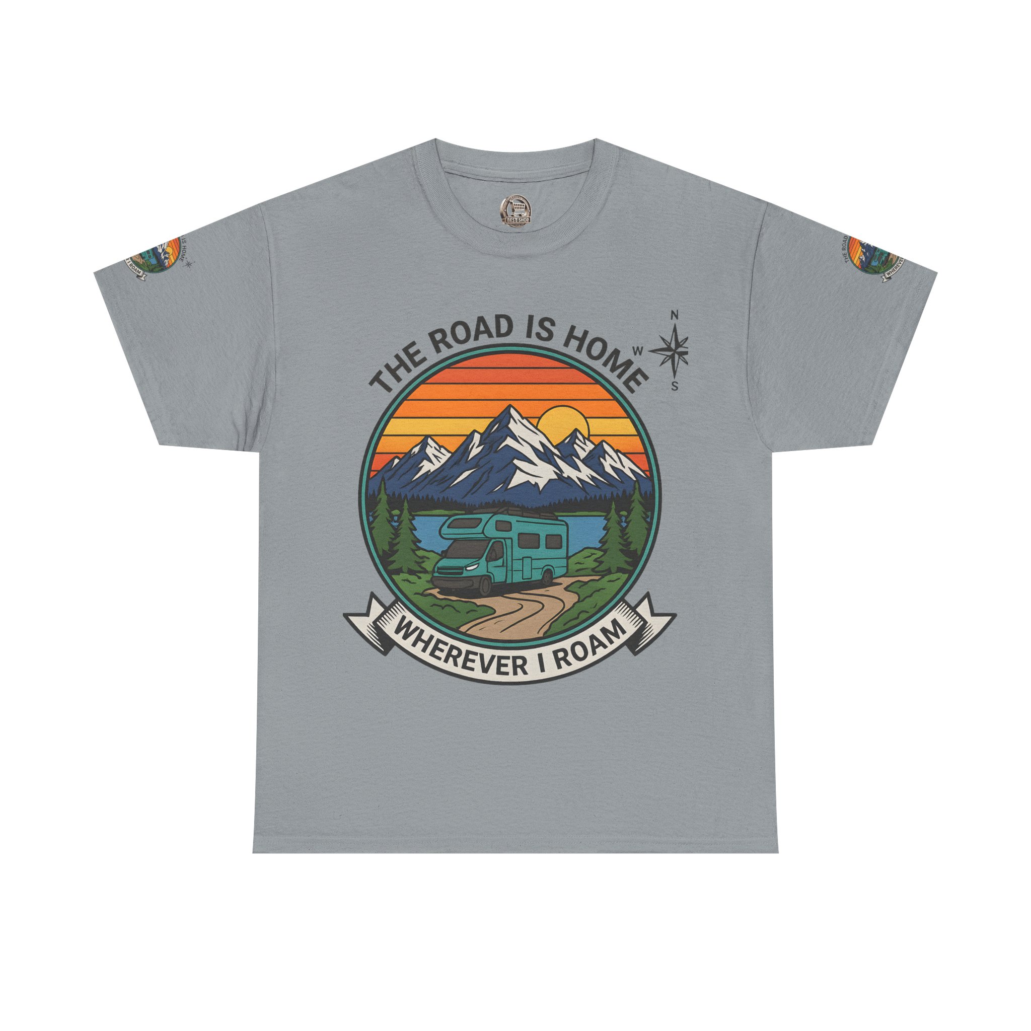 Unisex Heavy Cotton Tee  — 'The Road Is Home, Wherever I Roam' Retro Camper Tee