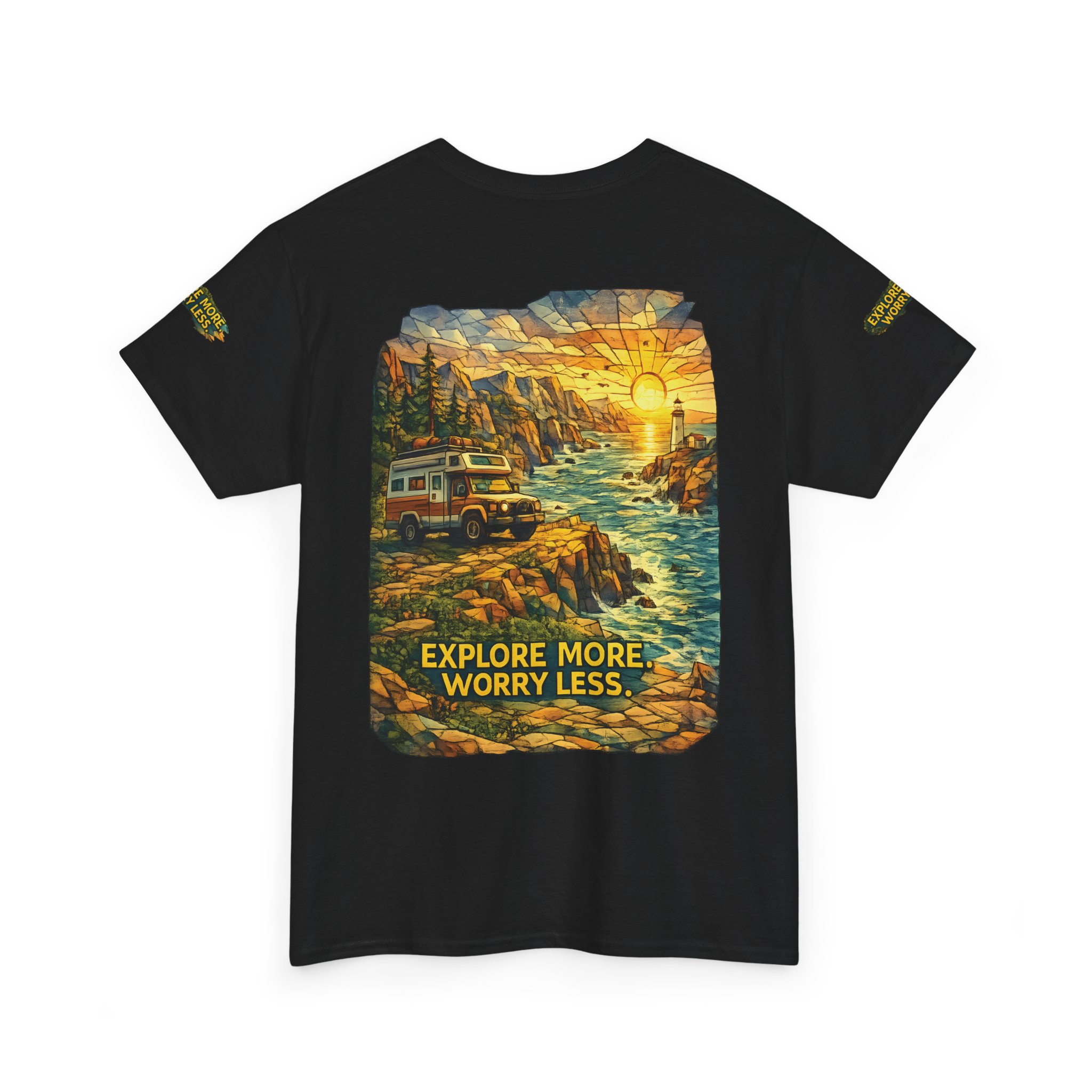 Unisex Heavy Cotton Tee — "Explore More Worry Less" Design Cubic-Line