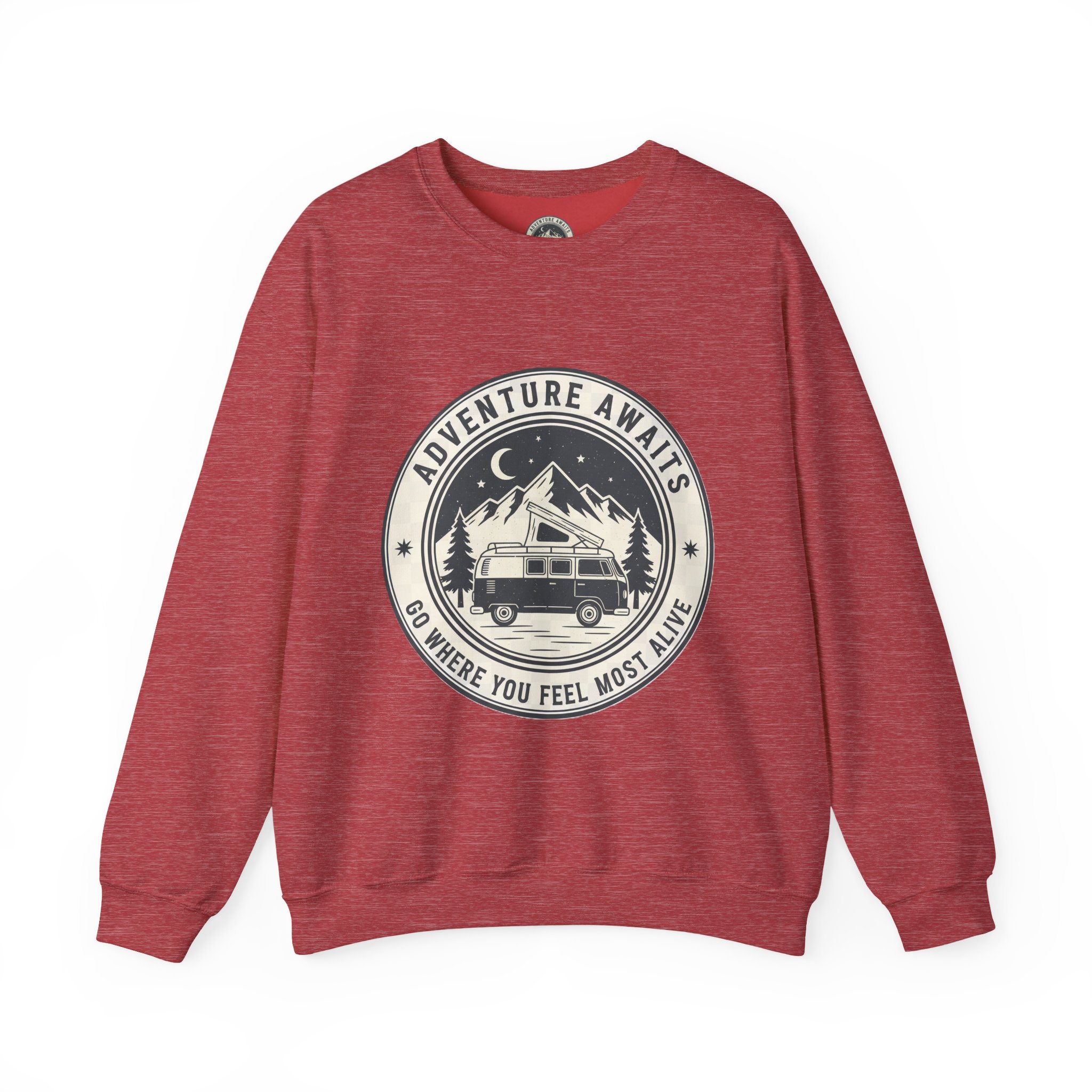 12202610169740300678_2048.jpeg Crewneck Sweatshirt — "Adventure Awaits-Go Where You Feel Most Alive" (Only Font + Back printed) Vintage Camper Van Outdoor Graphic