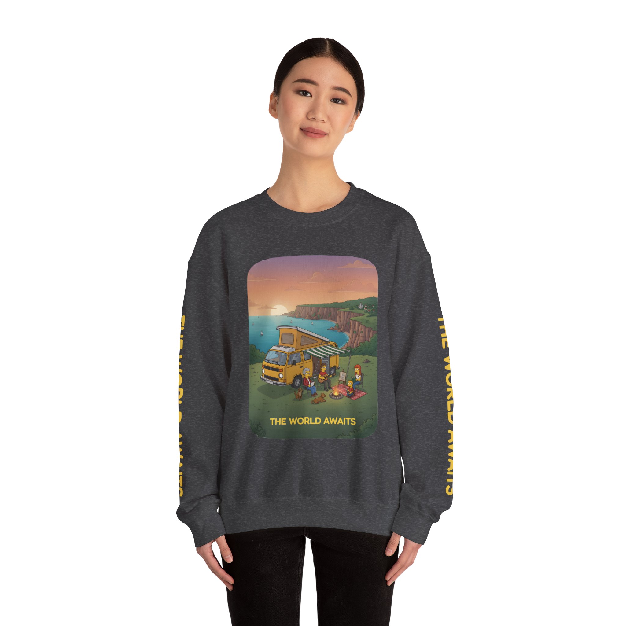 Unisex Heavy Blend™ Crewneck Sweatshirt — "The World Awaits" Design Sitcom-Line