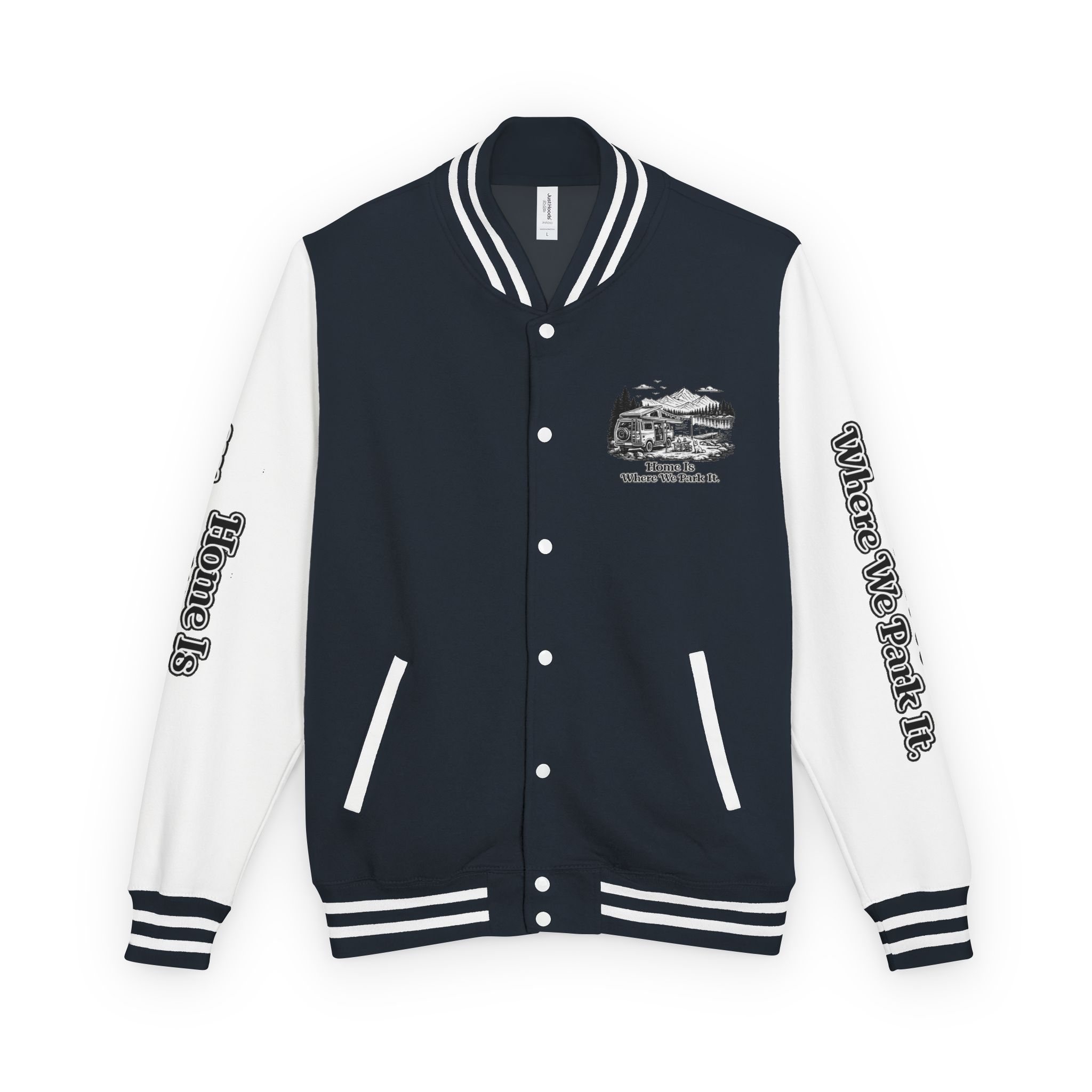 Unisex Heavyweight Letterman Jacket — "Home Is Where You Park It" Travel Varsity Coat