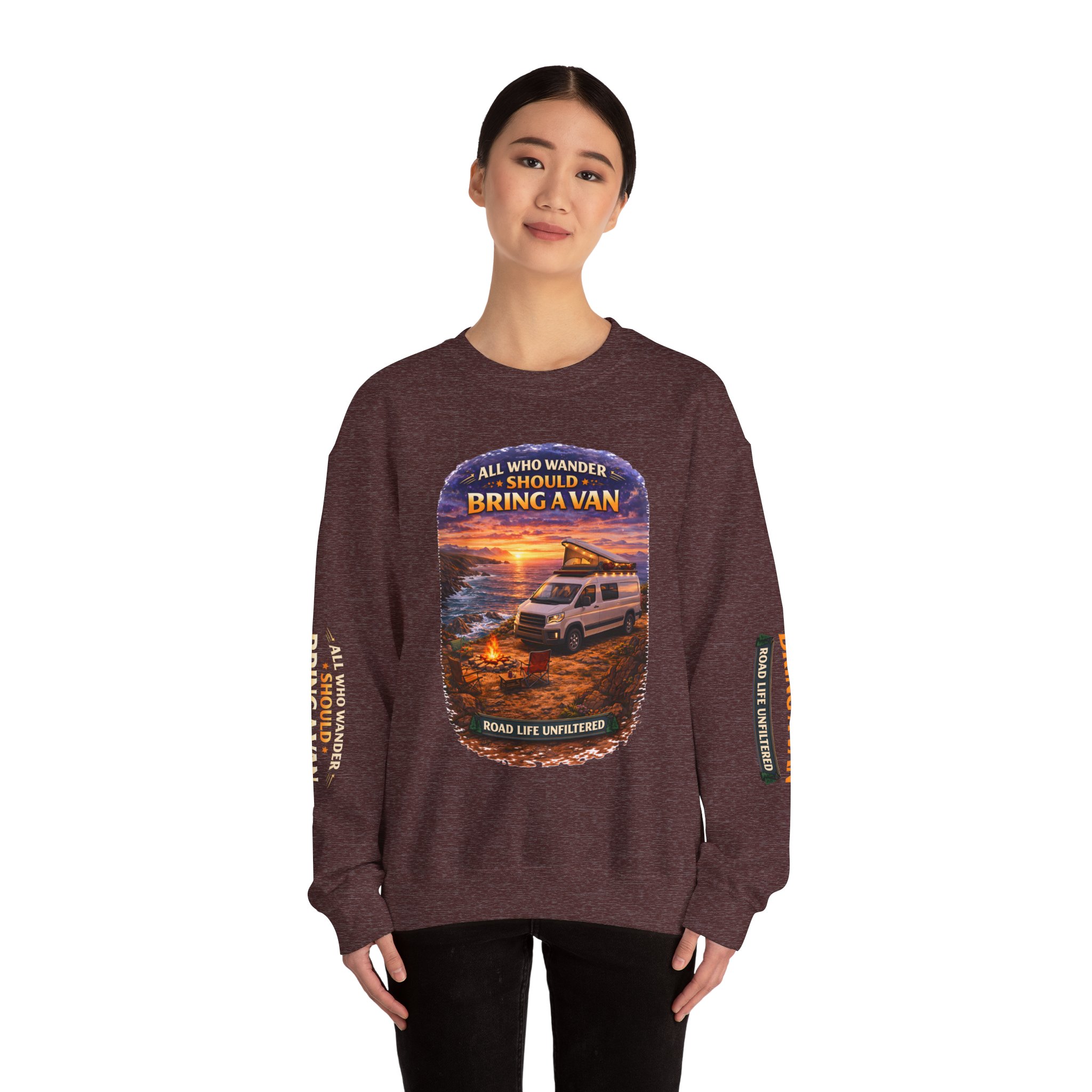 Unisex Heavy Blend™ Crewneck Sweatshirt — "All Who wander Should Bring A Van" Design Scenic-Line