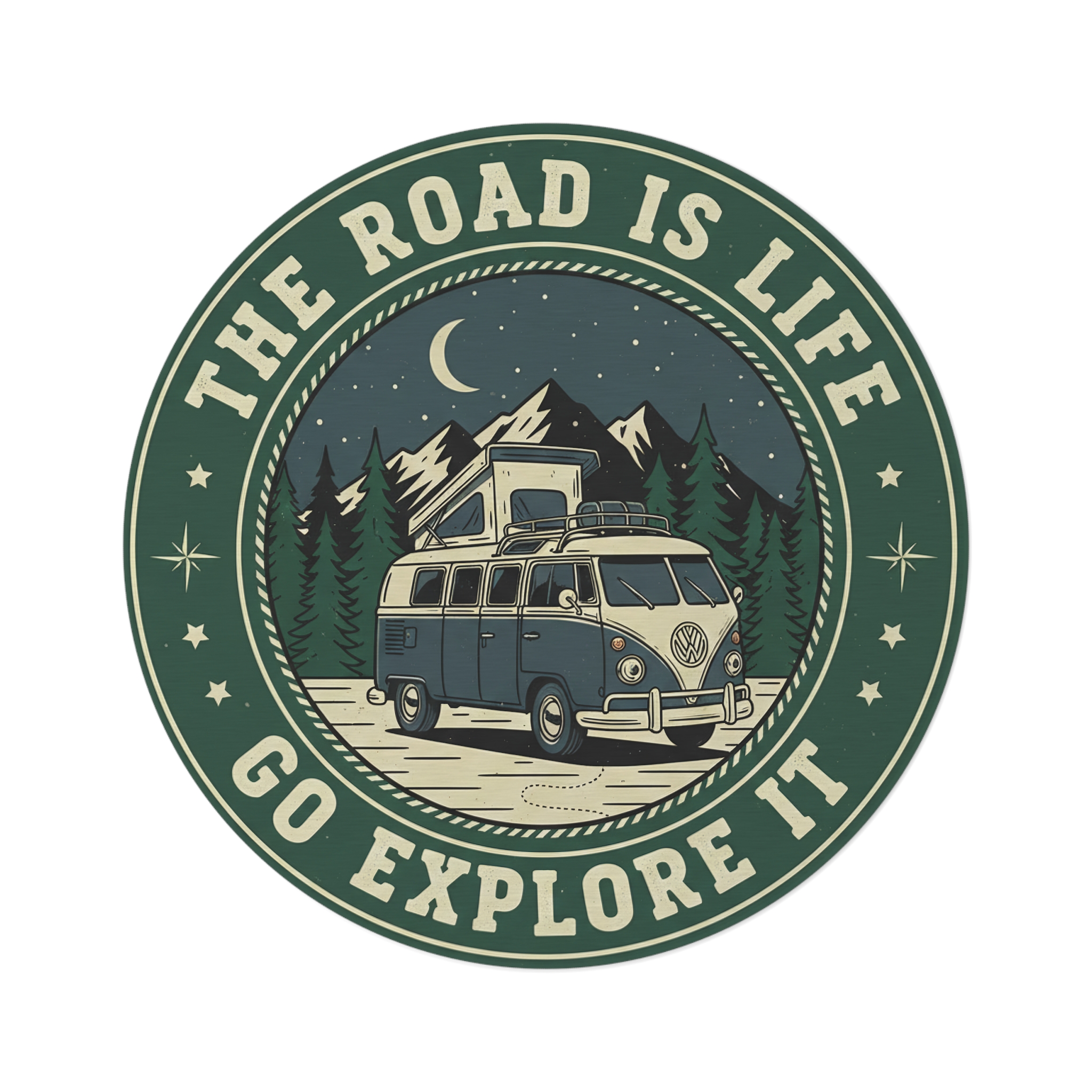 Round Rug - 'The Road Is Life, Go Explore It' Vintage Camper Travel Floor Mat