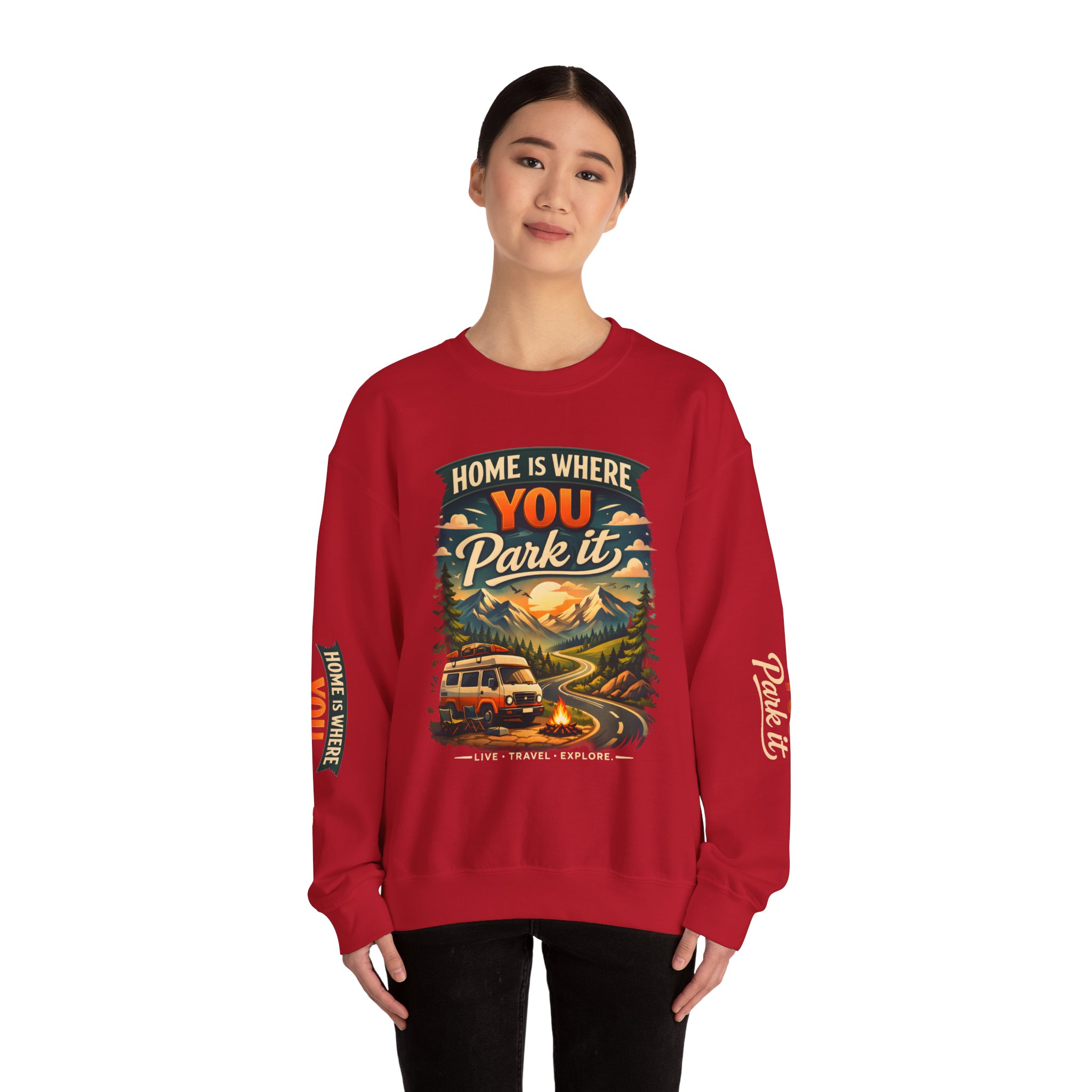 Unisex Heavy Blend™ Crewneck Sweatshirt — "Home Is Where You Park It" Design Scenic-Line
