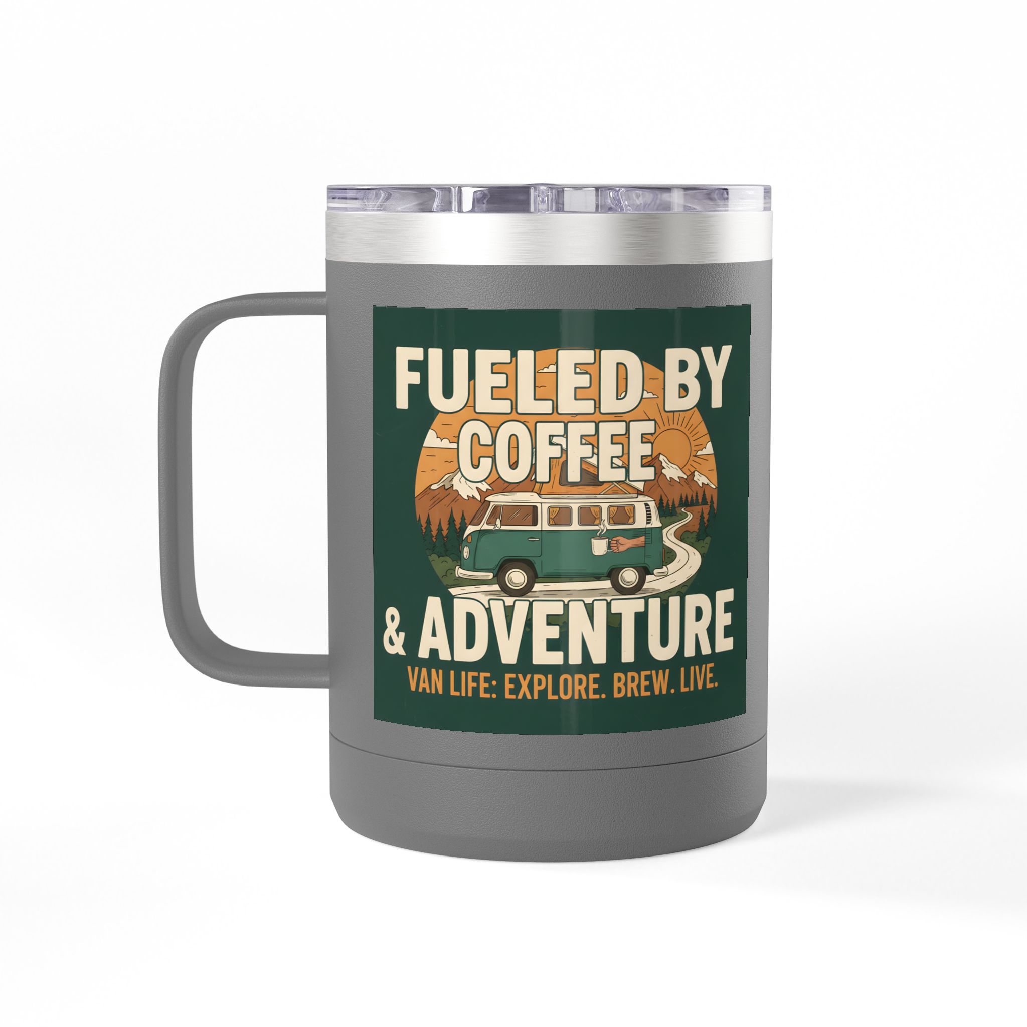 Coffee Mug Tumbler, 15oz — "Fueled by Coffee & Adventure"