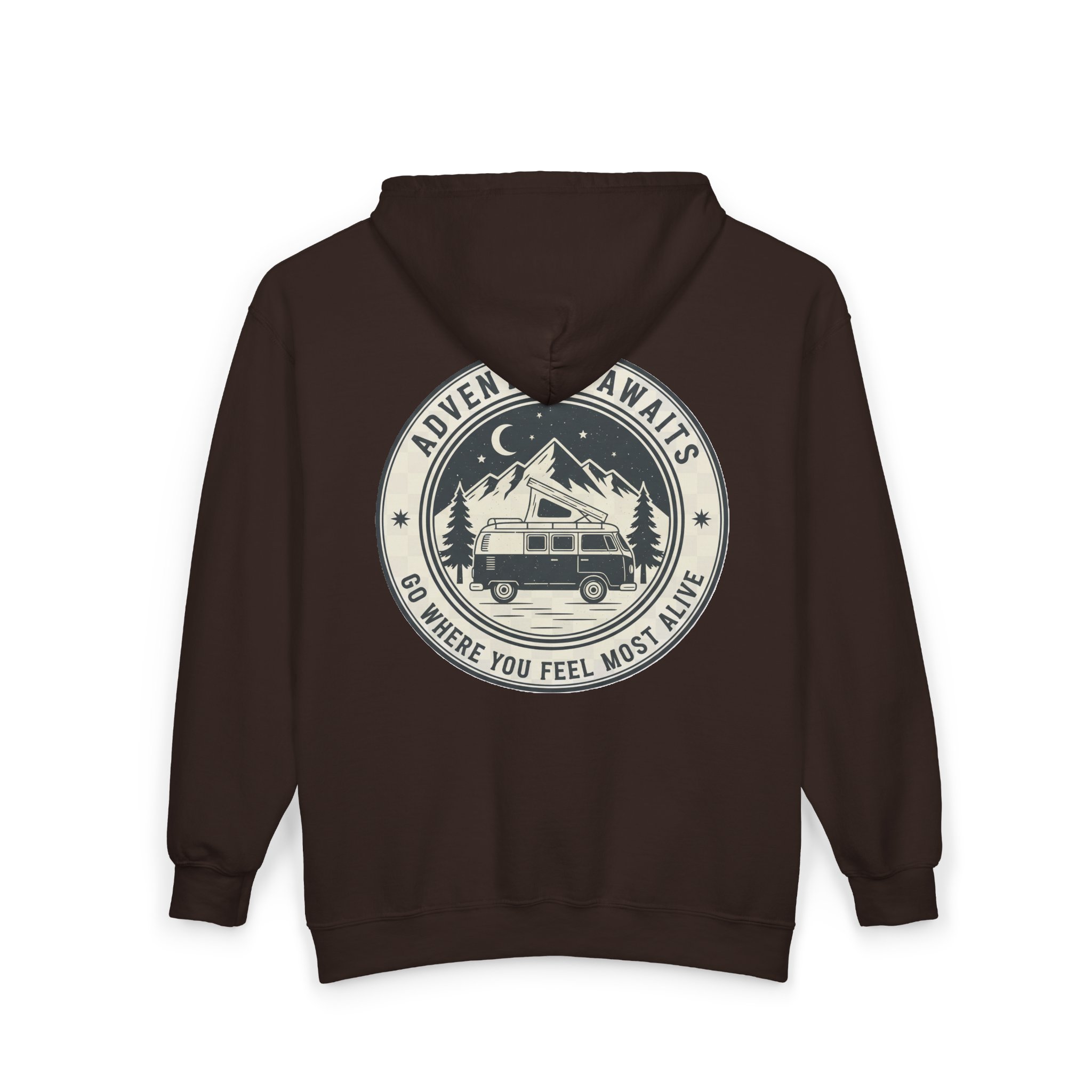 Zip Hoodie — "Adventure Awaits-Go Where You Feel Most Alive" (Front + Back Printed) Camper Van Adventure Zip-Up