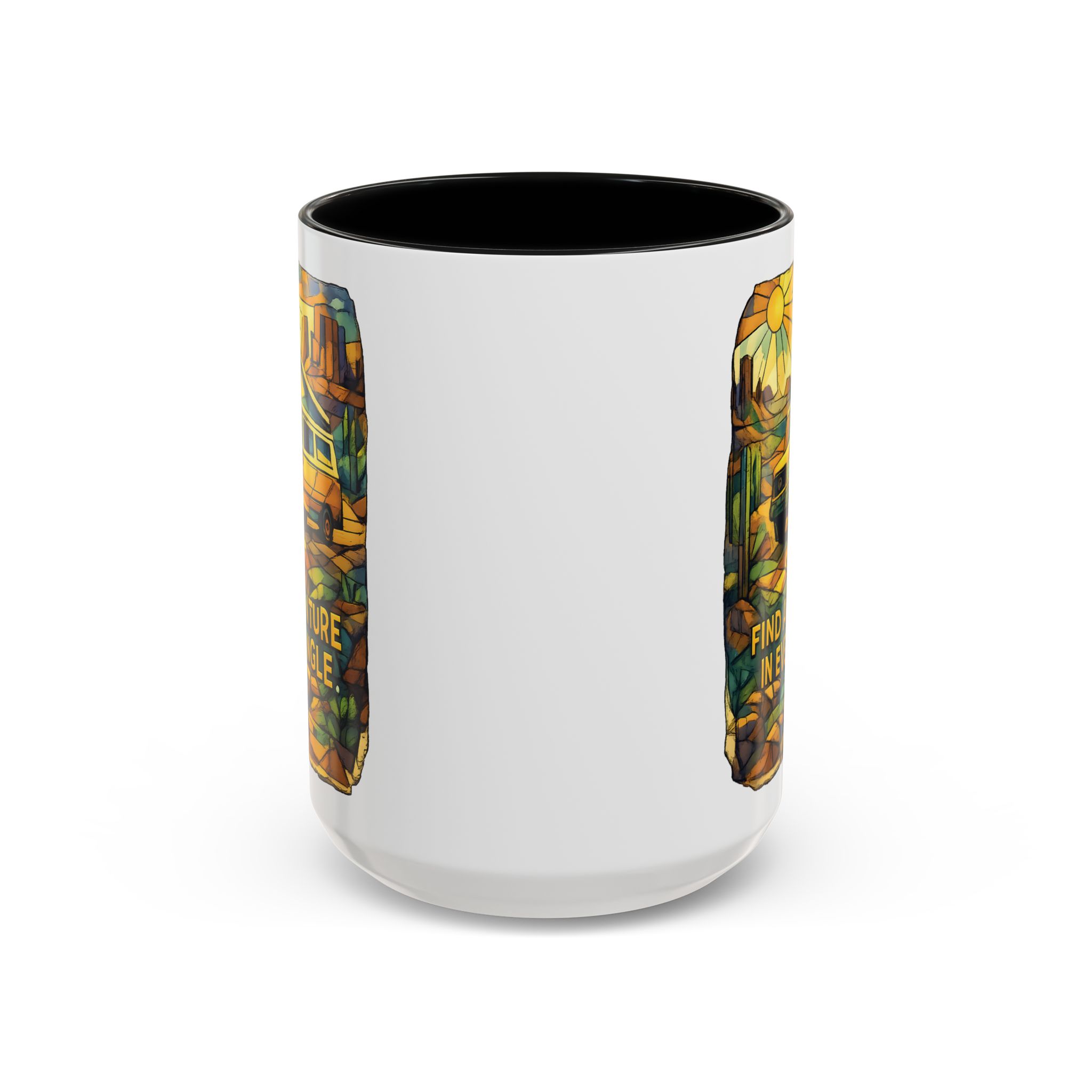 Accent Coffee Mug (11, 15oz) — "Find Adventure In Every Corner" Design Cubic-Line