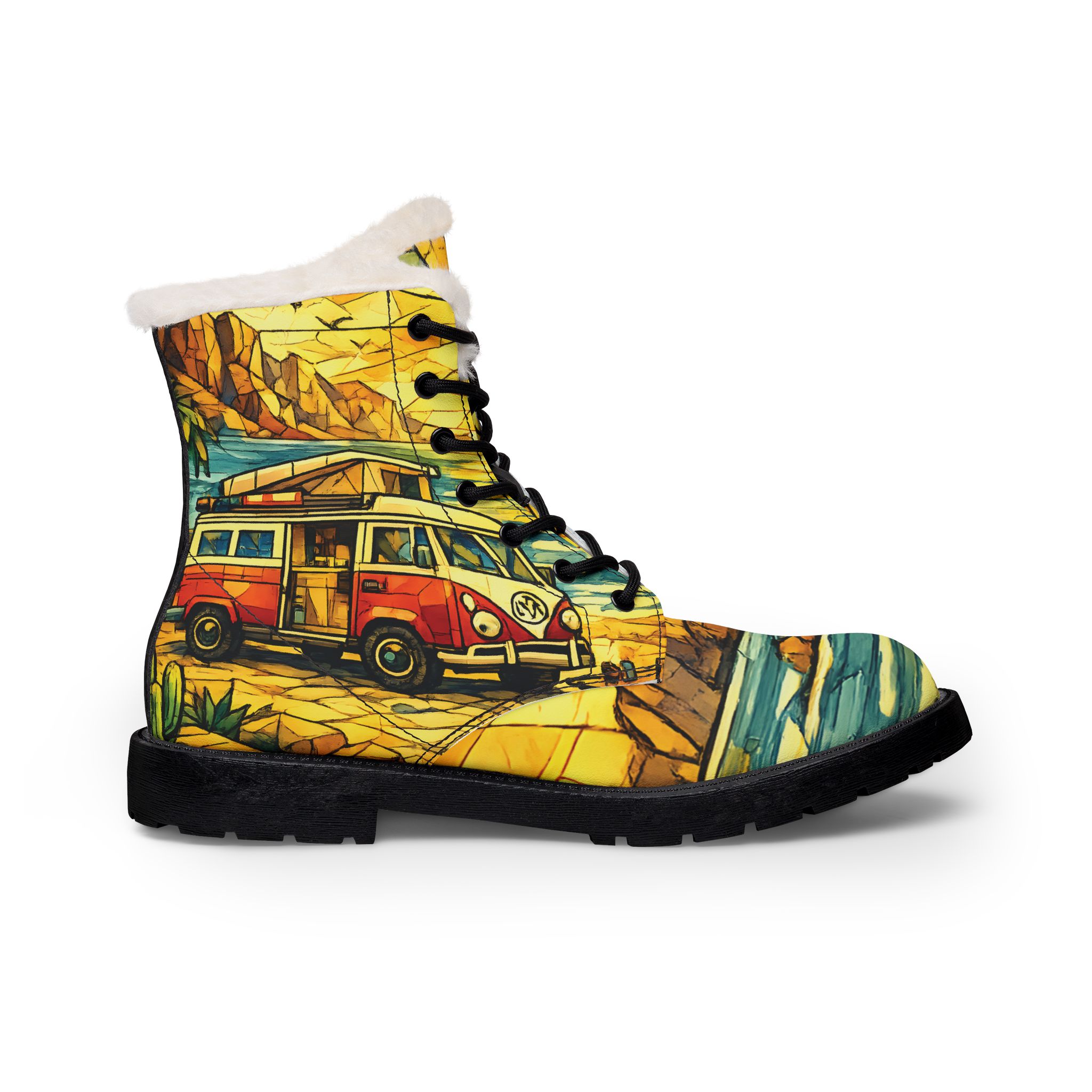 Women's Fur and Leather Boots — Retro VW camper Boots (Cubic-Line)