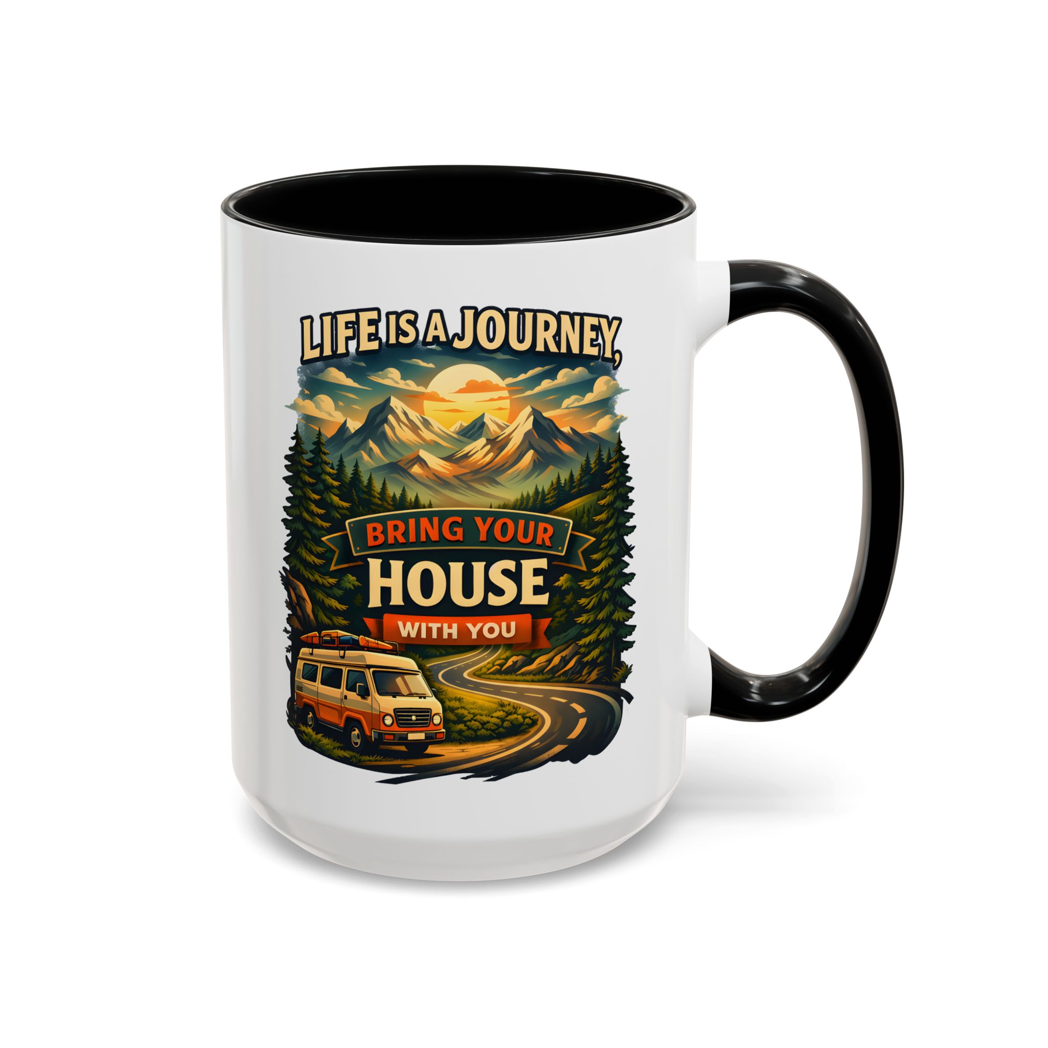 Accent Coffee Mug (11, 15oz) — "Live Is A Journey-Bring Your House With You" Design Scenic-Line