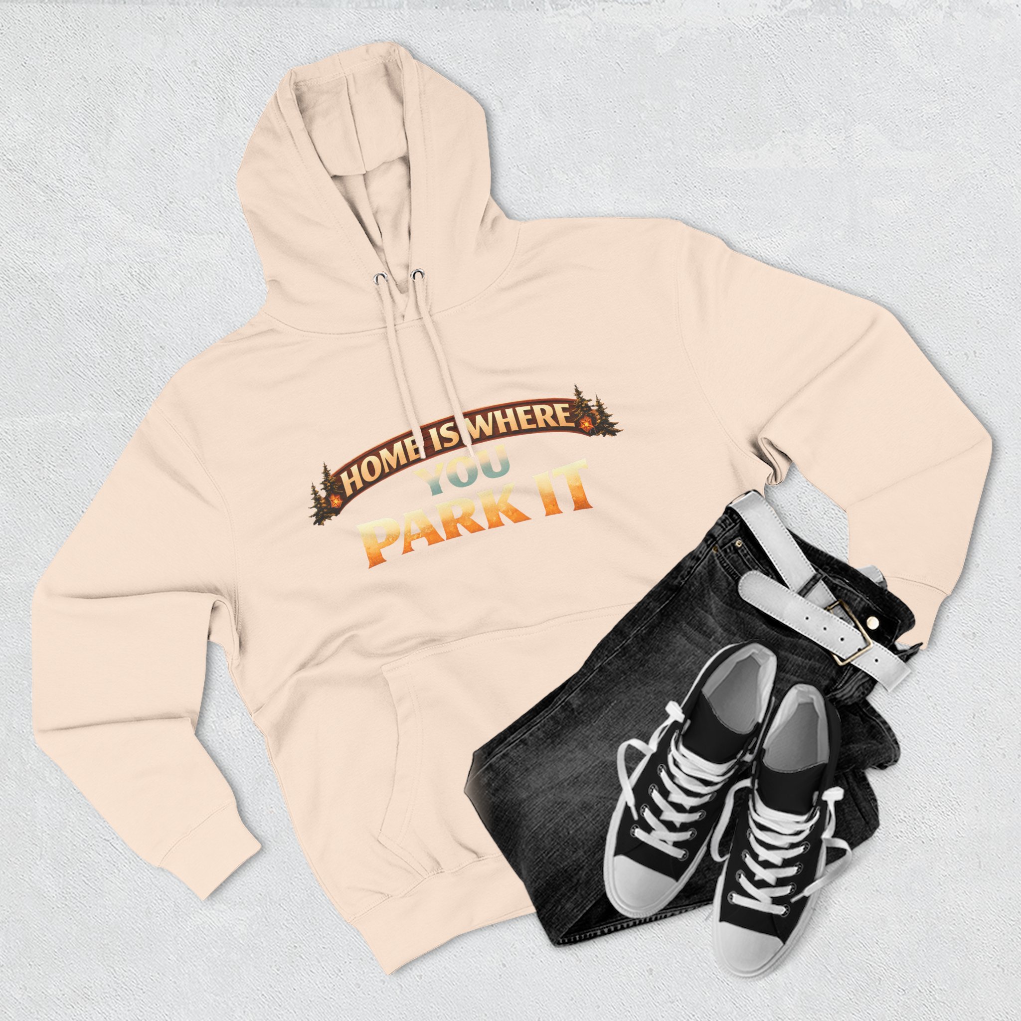 12299044279754179540_2048.jpeg Three-Panel Fleece Hoodie - "Home Is Where You Park It" Design Scenic-Line
