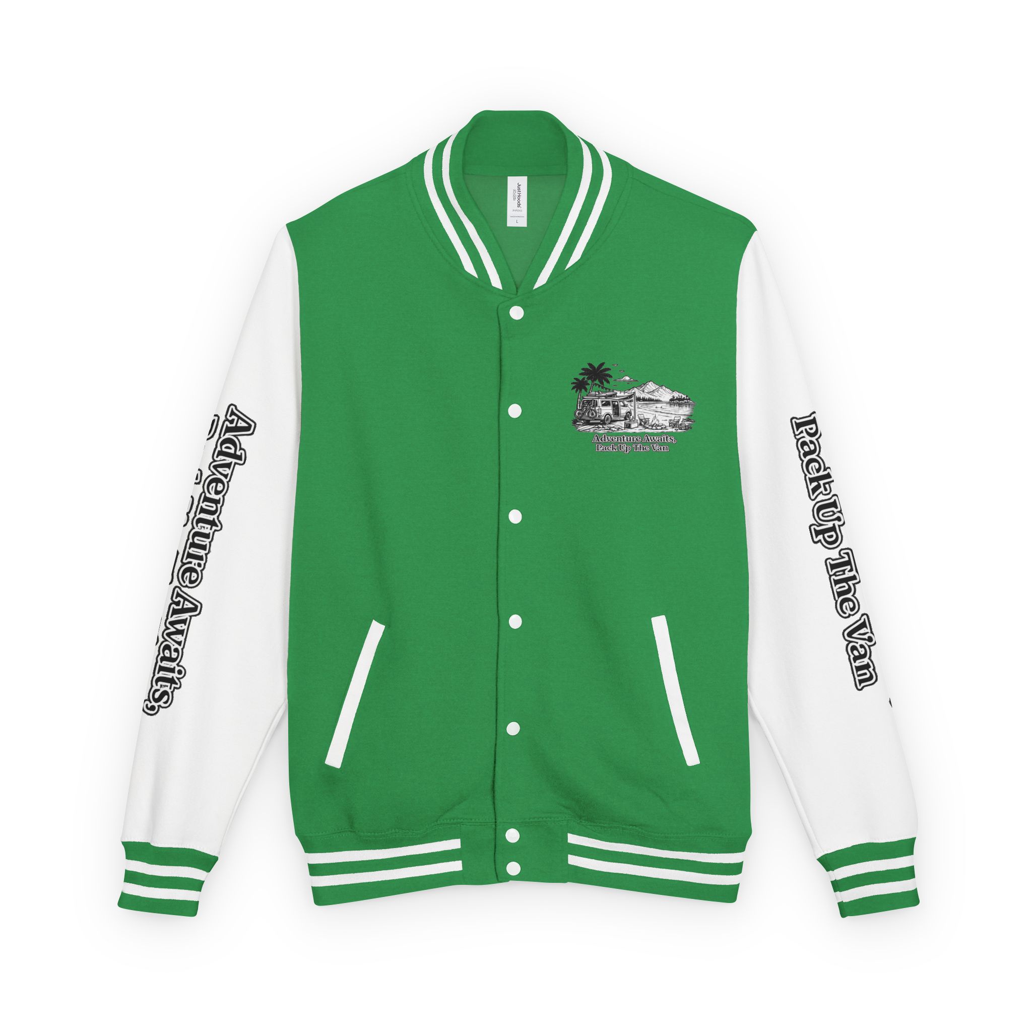 Unisex Heavyweight Letterman Jacket — "Adventure Awaits,Pack Up The Van" Travel Varsity Coat