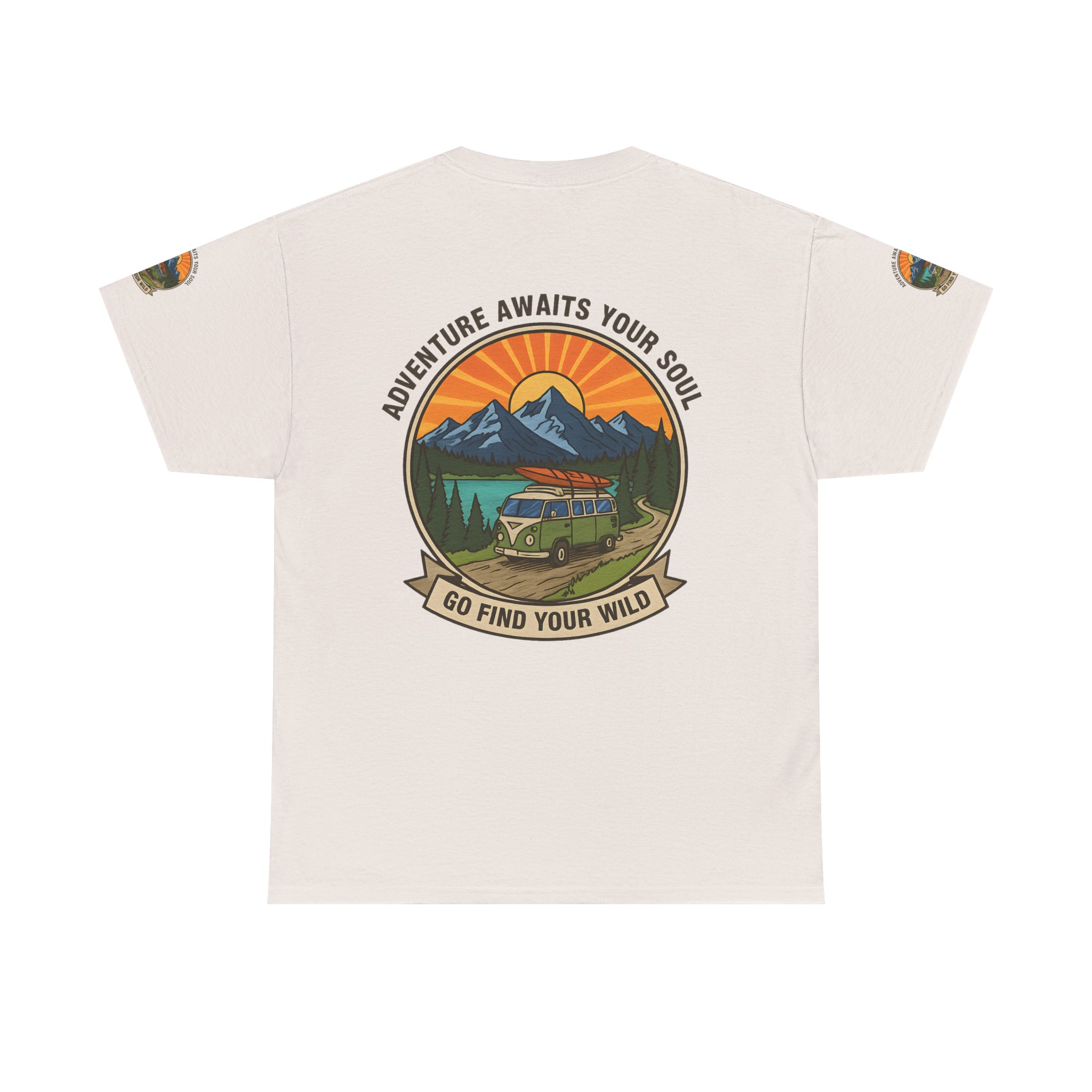 Unisex Heavy Cotton Tee — “Adventure Awaits Your Soul: Go Find Your Wild” Van & Mountain Graphic