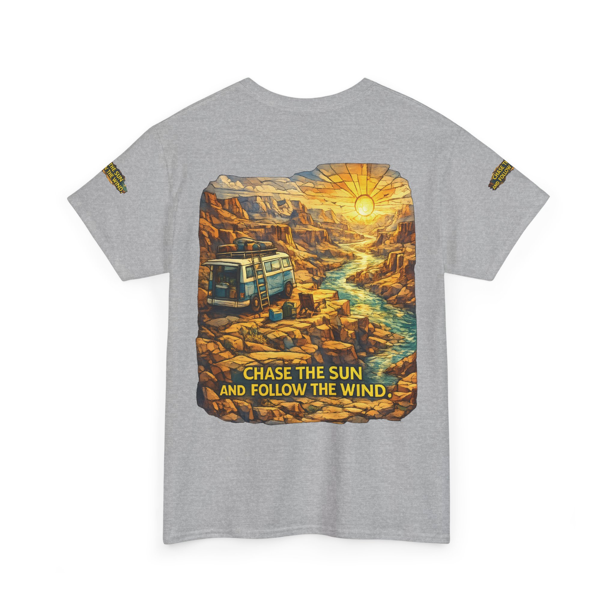 12307070268012360863_2048.jpeg Unisex Heavy Cotton Tee — "Chase The Sun And Follow The Wind" Design Cubic-Line