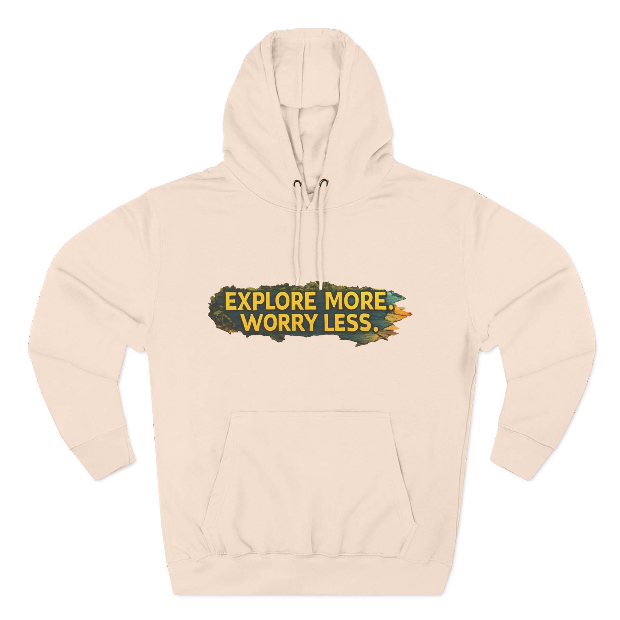 12314325668670809301_2048.jpeg Three-Panel Fleece Hoodie - "Explore More Worry Less" Design Cubic-Line