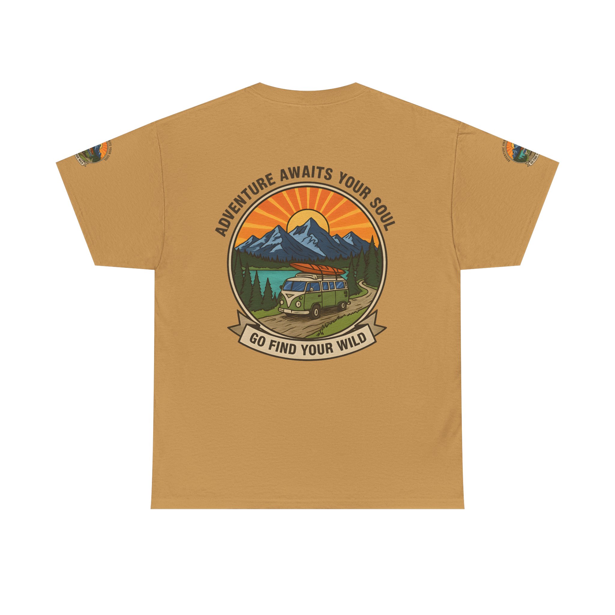 Unisex Heavy Cotton Tee — “Adventure Awaits Your Soul: Go Find Your Wild” Van & Mountain Graphic