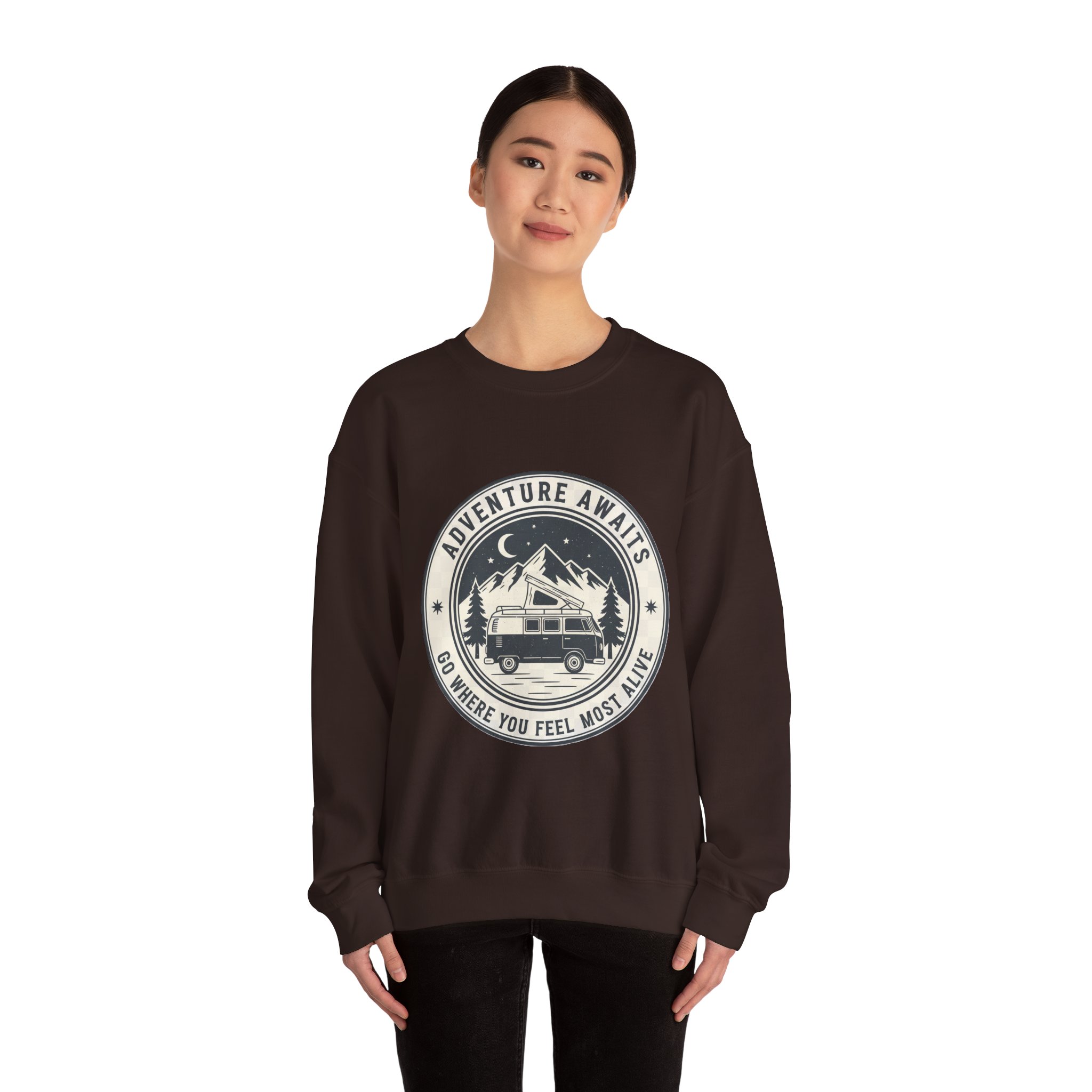 12325597347552887354_2048.jpeg Crewneck Sweatshirt — "Adventure Awaits-Go Where You Feel Most Alive" (Only Font + Back printed) Vintage Camper Van Outdoor Graphic
