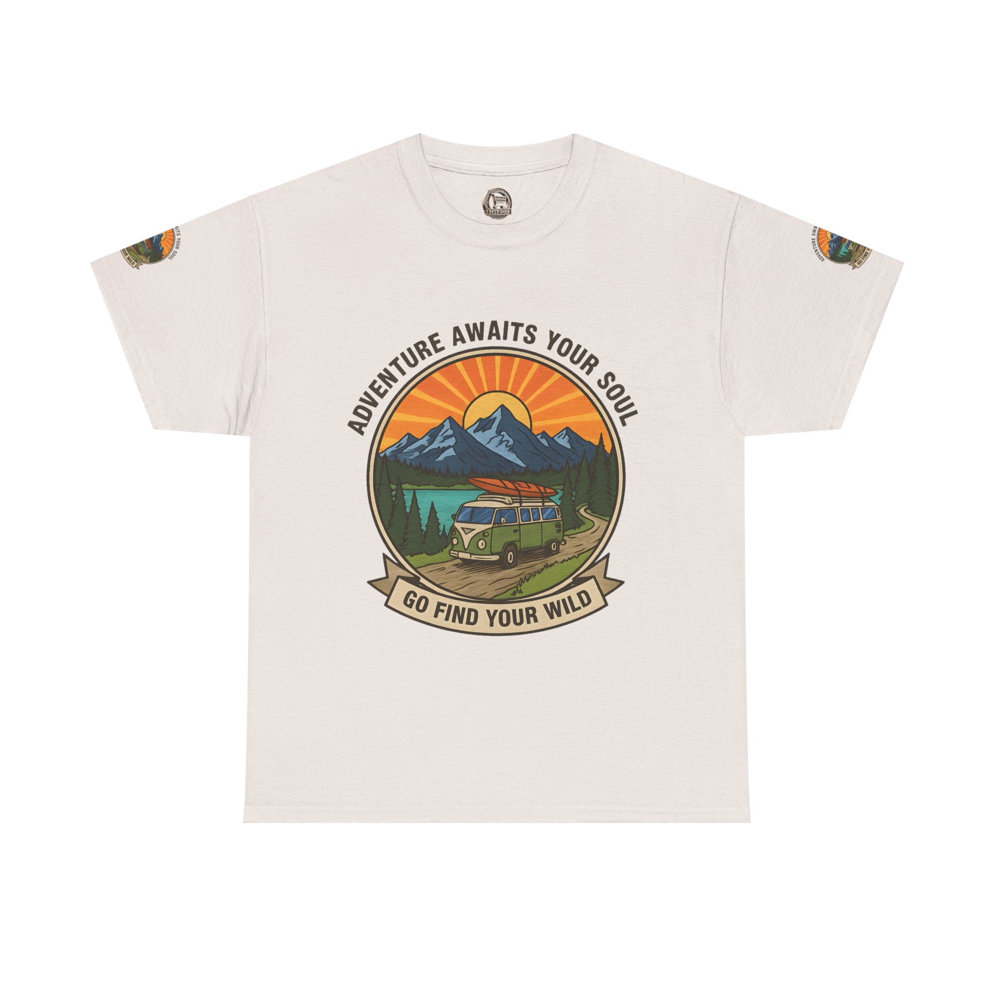 Unisex Heavy Cotton Tee — “Adventure Awaits Your Soul: Go Find Your Wild” Van & Mountain Graphic