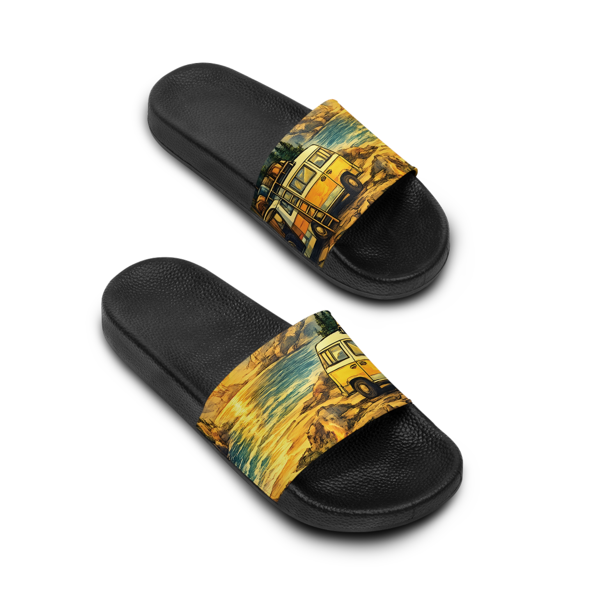 Women's Slide Sandals - Yellow Retro Camper Van Slides (Cubic-Line)