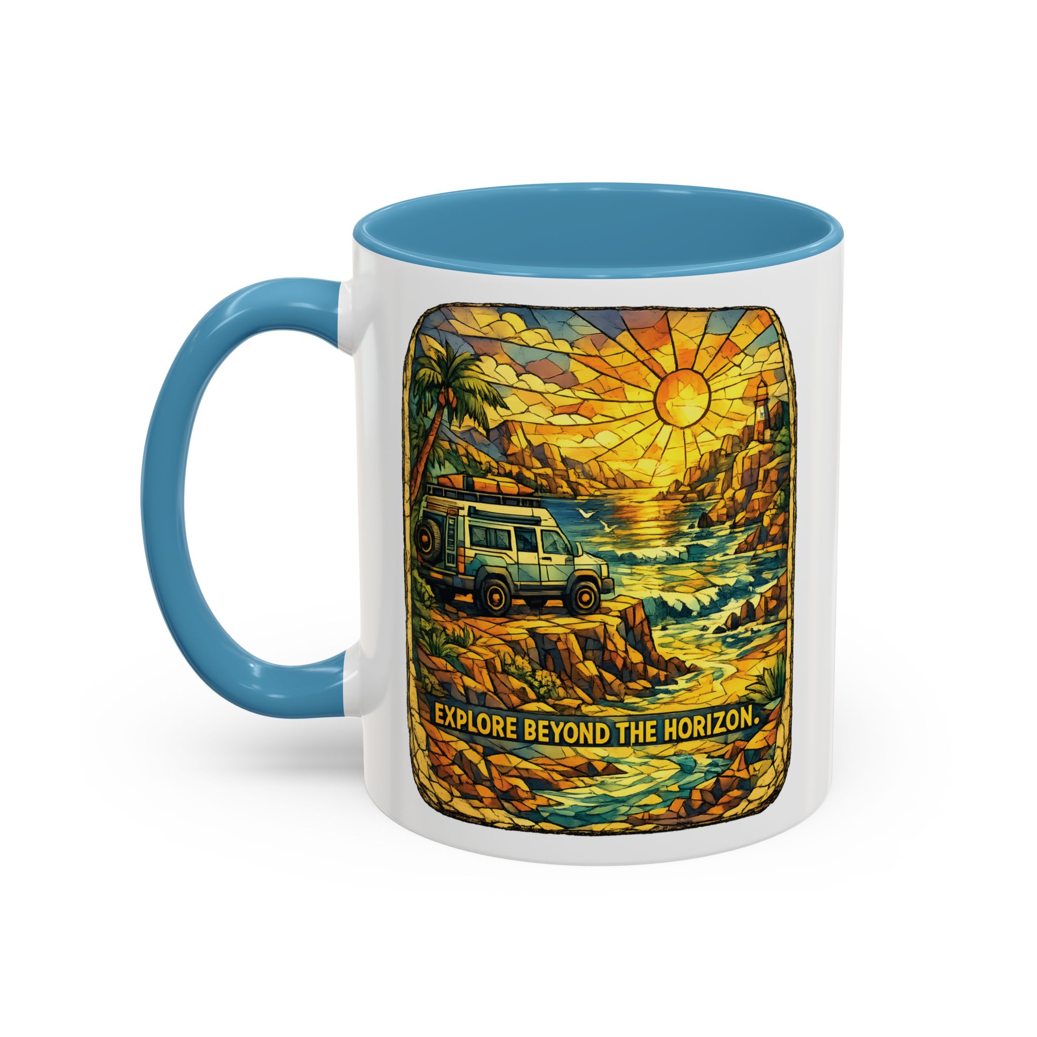 Accent Coffee Mug (11, 15oz) — "Explore Beyond The Horizon" Design Cubic-Line