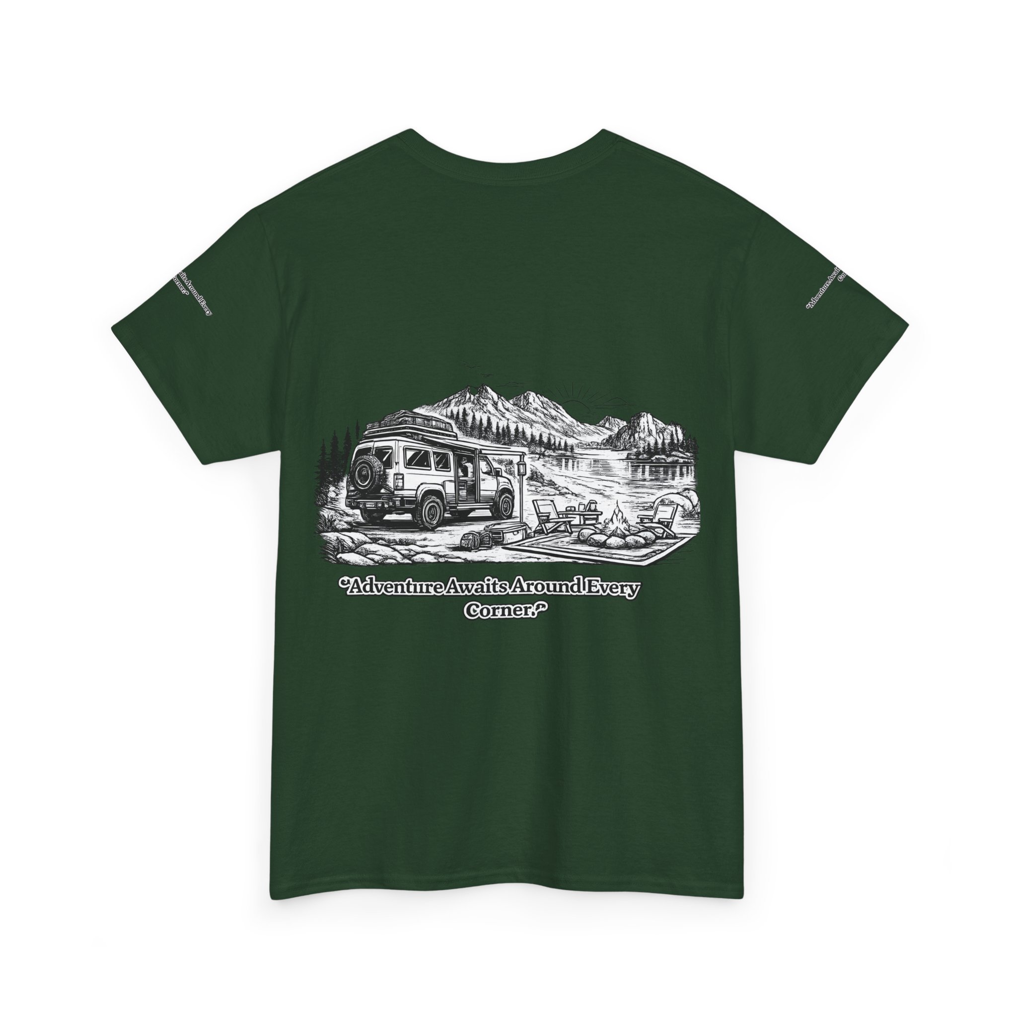 Unisex Heavy Cotton Tee — "Adventure Awaits Around Every Corner" Design Minimal-Line