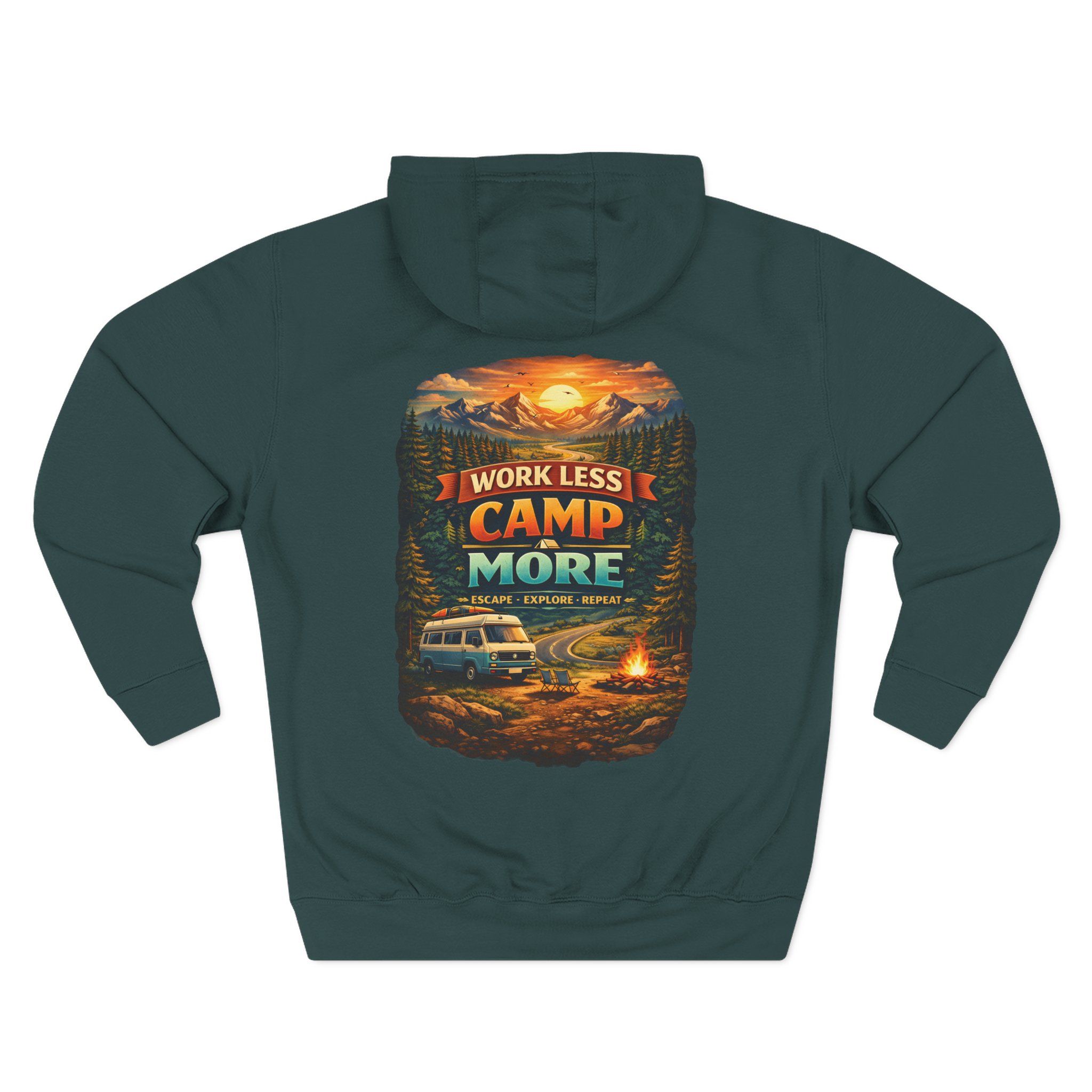 Three-Panel Fleece Hoodie - "Work Less-Camp More" Design Scenic-Line