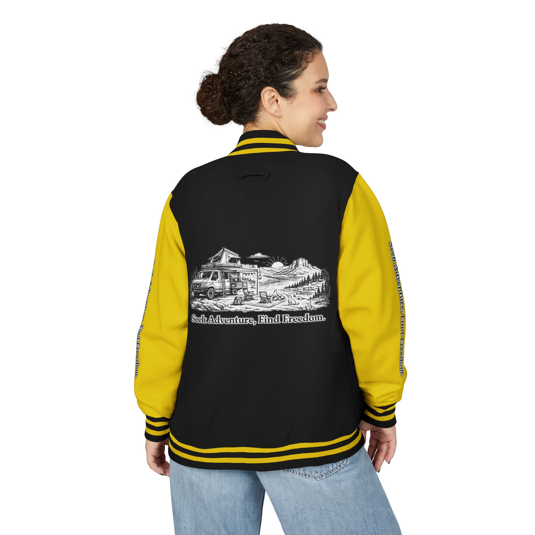Unisex Heavyweight Letterman Jacket — "Seek Adventure, Find Freedom" Travel Varsity Coat